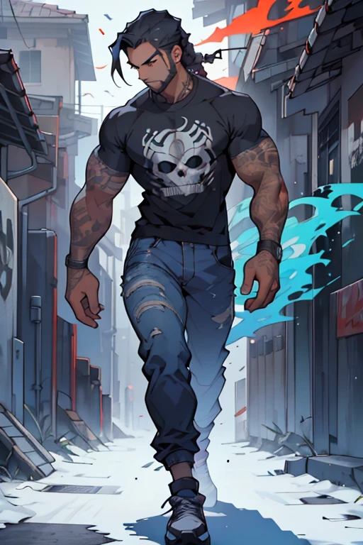 Full body of a young man with a well-trimmed beard, hair in a ninja style with a coiled braid, an excellent hairstyle, slim, tattoos on his shoulders of skulls and marijuana, a white t-shirt and black jeans, white Nike tennis shoes. Walking forward with great determination, he is a dio disguised as a human, he casts a calming aura of blue colors, eyes with red pupils, urban style in his outfit. 
 award-winning image. the highest quality of difficulty when creating an excellent image. the details are incredible. special originality.