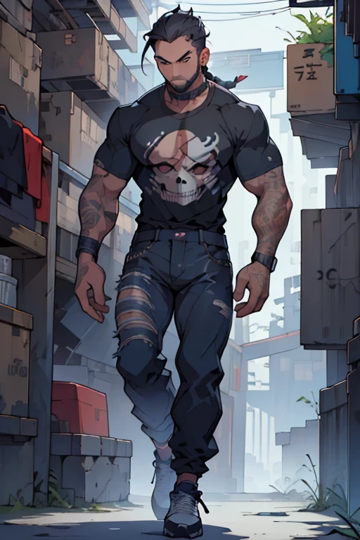 Full body of a young man with a well-trimmed beard, hair in a ninja style with a coiled braid, an excellent hairstyle, slim, tattoos on his shoulders of skulls and marijuana, a white t-shirt and black jeans, white Nike tennis shoes. Walking forward with great determination, he is a dio disguised as a human, he casts a calming aura of blue colors, eyes with red pupils, urban style in his outfit. 
 award-winning image. the highest quality of difficulty when creating an excellent image. the details are incredible. special originality.