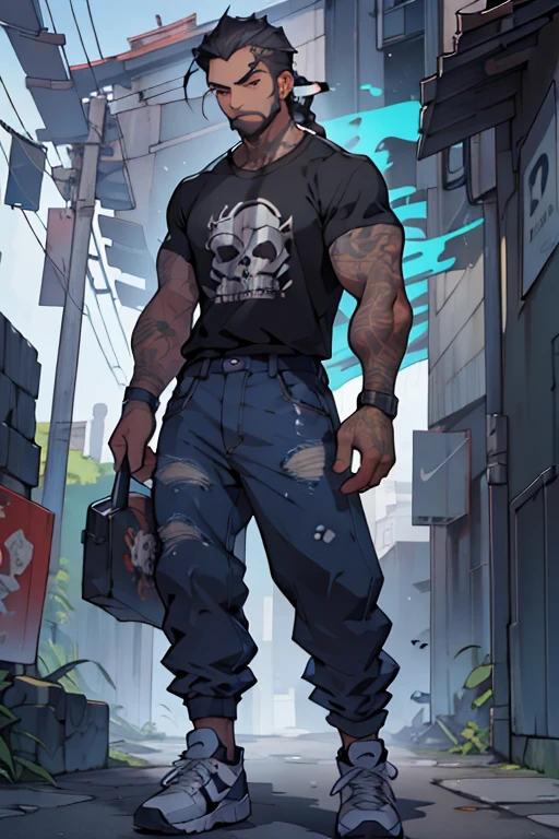 Full body of a young man with a well-trimmed beard, hair in a ninja style with a coiled braid, an excellent hairstyle, slim, tattoos on his shoulders of skulls and marijuana, a white t-shirt and black jeans, white Nike tennis shoes. Walking forward with great determination, he is a dio disguised as a human, he casts a calming aura of blue colors, eyes with red pupils, urban style in his outfit. 
 award-winning image. the highest quality of difficulty when creating an excellent image. the details are incredible. special originality.