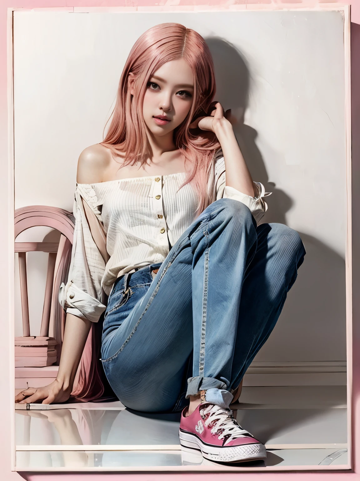 a woman in a cream coloured blouse hanging loosely on the shoulders, light coloured jeans , cute face, black converse shoes, , long slightly wavy hair, ((pink hair)) and gleaming detailed eyes, slim frame, medium breasts, beautiful face, medium butt size, small feet size, small hand size, perfect hands