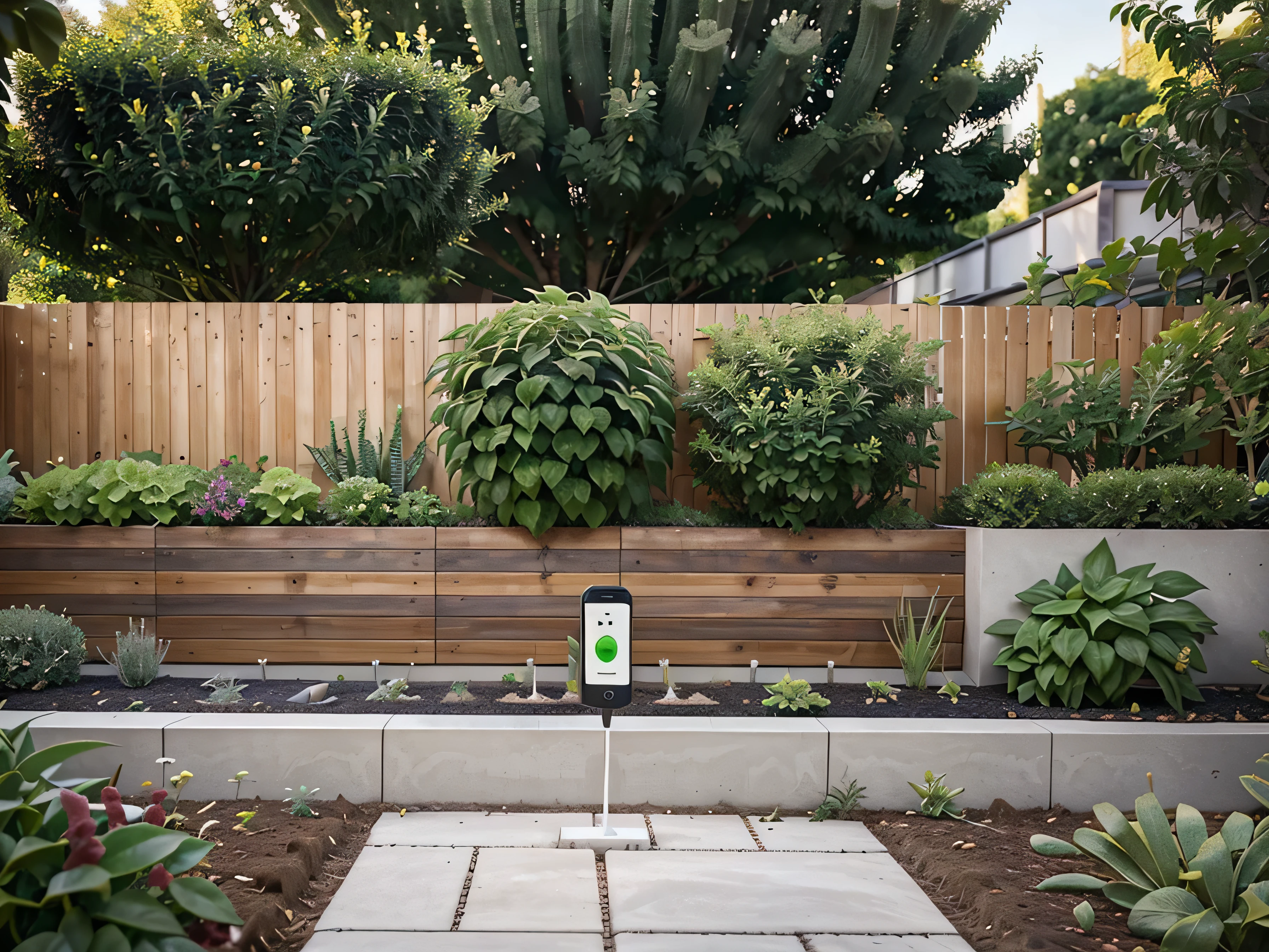 Display the core components of the Smart Watering System, including a smart controller box mounted on a garden wall, several small, discreet soil moisture sensors scattered throughout a vibrant garden, and a sleek, user-friendly mobile app interface visible on a smartphone screen. The garden should feature a variety of plants, demonstrating the system's versatility.