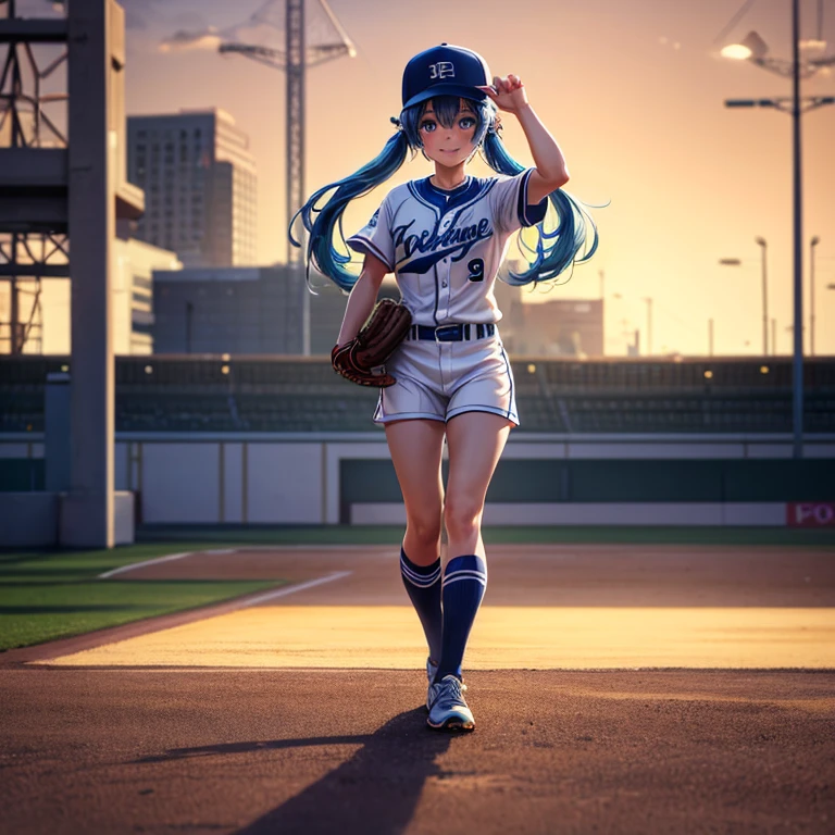 (8K, highest quality, masterpiece: 1.2), Super detailed, highest quality, ultra high resolution, professional lighting, photon mapping, radio city, Physically based rendering, cinematic lighting, Depth of the bounds written, focus on, Light of the sun, good composition, (Bokeh: 1.2), 1 girl, (full body), smile, beautiful eyes, Pause, Blue hair with twin tails,wear a hat,wearing a baseball uniform,baseball Ground,Throwing the ball