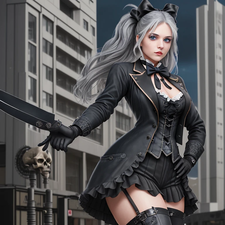 Girl in her 20s straight gray hair wearing a black bow Steampunk suit with skull print blue eyes black boots black gloves looking straight at viewer hotel background holding a knife