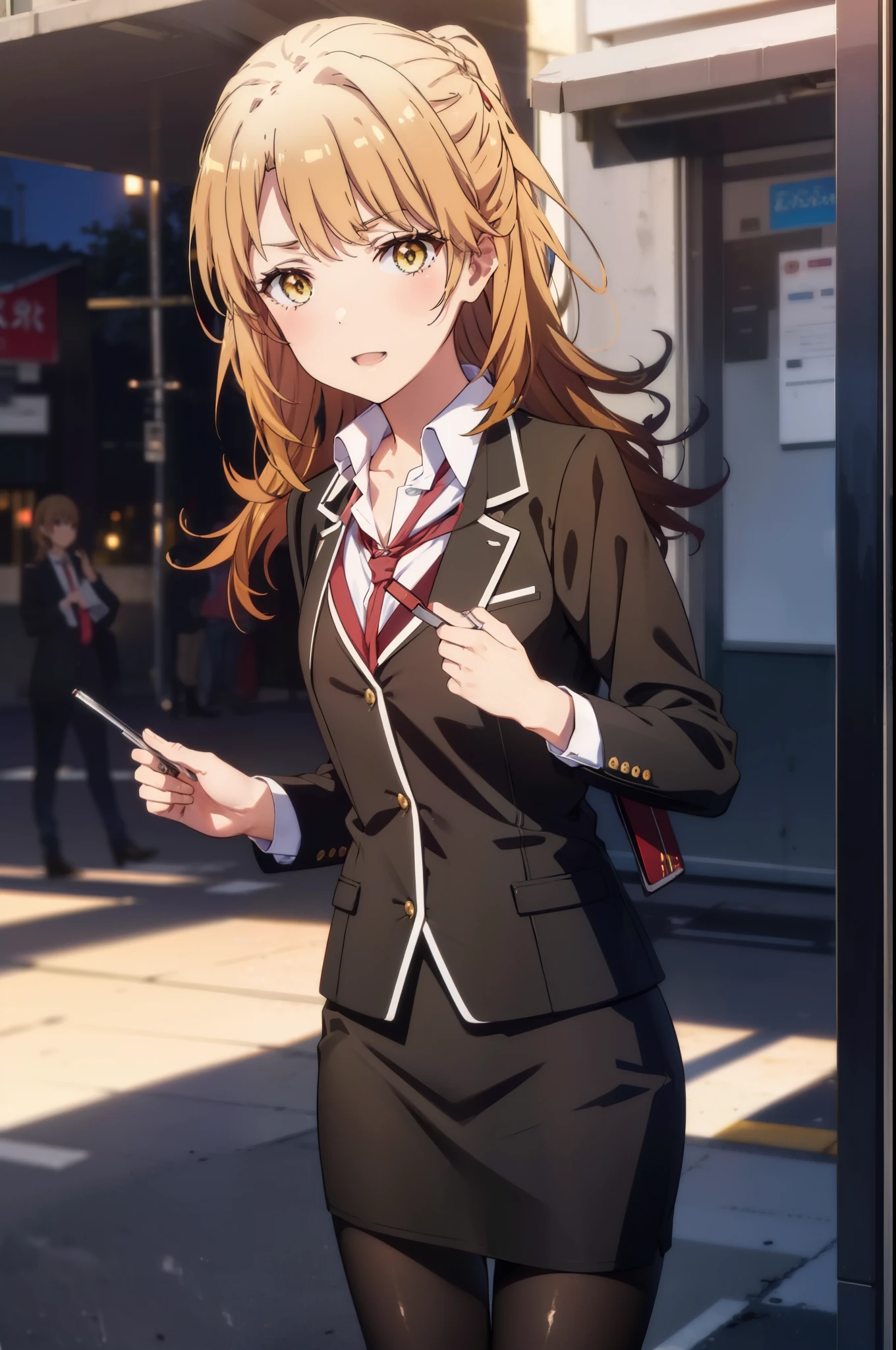 irohaisshiki, iroha isshiki, long hair, brown hair, (brown eyes:1.5), short braided hair,ponytail office lady, happy smile, smile, open your mouth,red glasses, end, black suit jacket, collared jacket, white dress shirt, collared shirt, neckline, button, strap, ID card on neck, black pencil skirt, black pantyhose,stiletto heels,morning,morning日,the sun is rising,So that the whole body goes into the illustration,
break outdoors, In town,building street,
break looking at viewer, (cowboy shot:1.5),
break (masterpiece:1.2), highest quality, High resolution, unity 8k wallpaper, (figure:0.8), (detailed and beautiful eyes:1.6), highly detailed face, perfect lighting, Very detailed CG, (perfect hands, perfect anatomy),