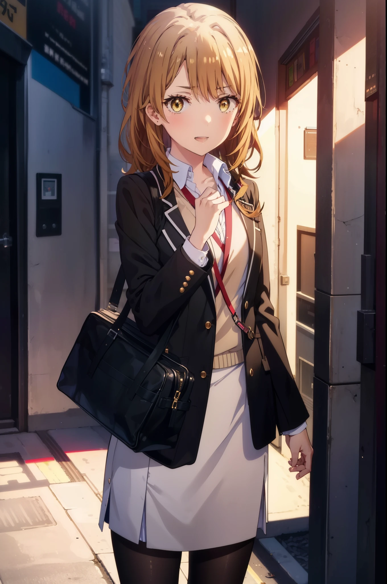 irohaisshiki, iroha isshiki, long hair, brown hair, (brown eyes:1.5), short braided hair,ponytail office lady, happy smile, smile, open your mouth,red glasses, end, black suit jacket, collared jacket, white dress shirt, collared shirt, neckline, button, strap, ID card on neck, black pencil skirt, black pantyhose,stiletto heels,morning,morning日,the sun is rising,So that the whole body goes into the illustration,
break outdoors, In town,building street,
break looking at viewer, (cowboy shot:1.5),
break (masterpiece:1.2), highest quality, High resolution, unity 8k wallpaper, (figure:0.8), (detailed and beautiful eyes:1.6), highly detailed face, perfect lighting, Very detailed CG, (perfect hands, perfect anatomy),