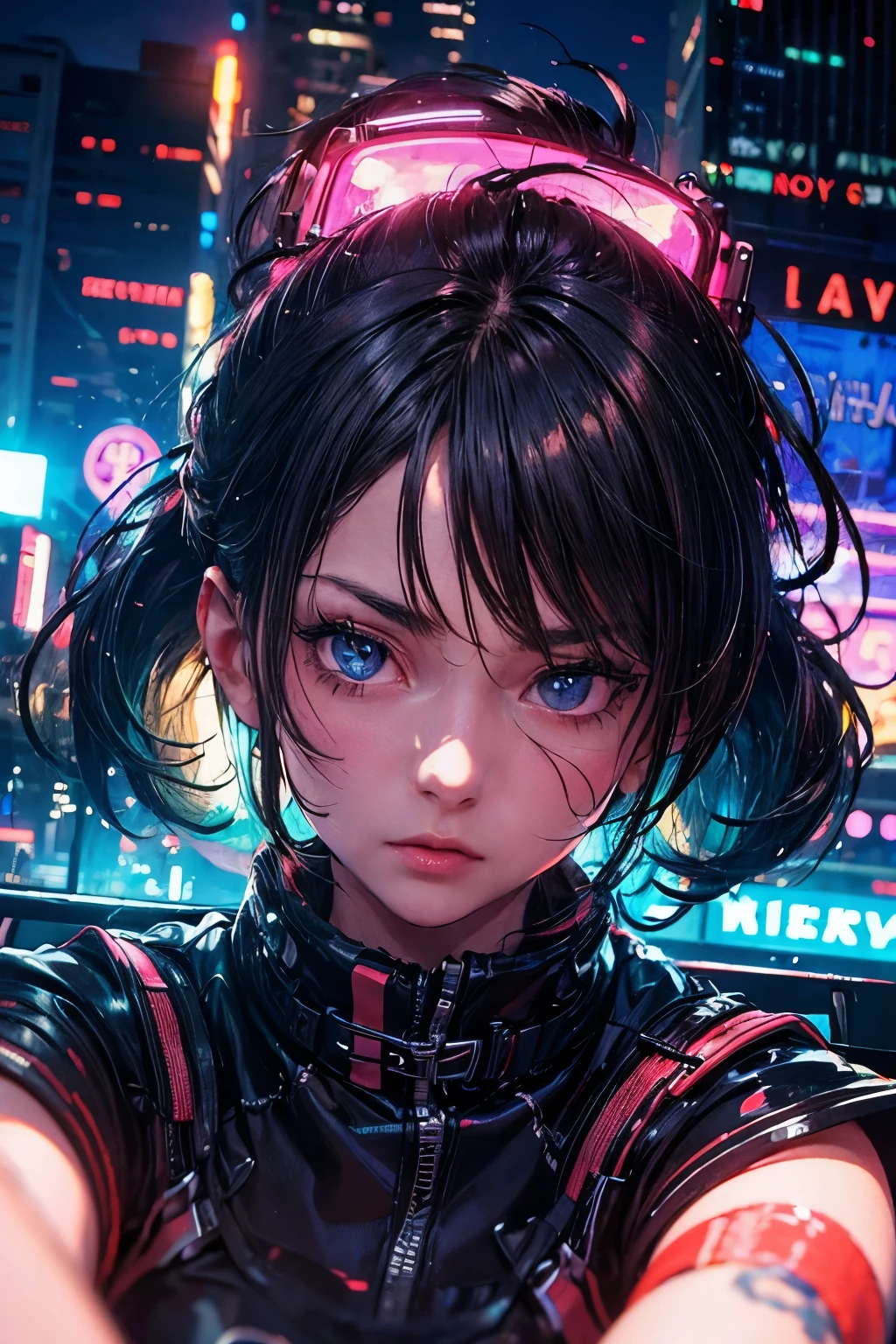 ((best quality)), ((masterpiece)), (detailed), perfect face, a close up of a person sitting on a bench in a city, beaten tech. neo noir style, synthwave city, realistic art style, vibrant colors, neon city in the background, beaten city. neo noir style