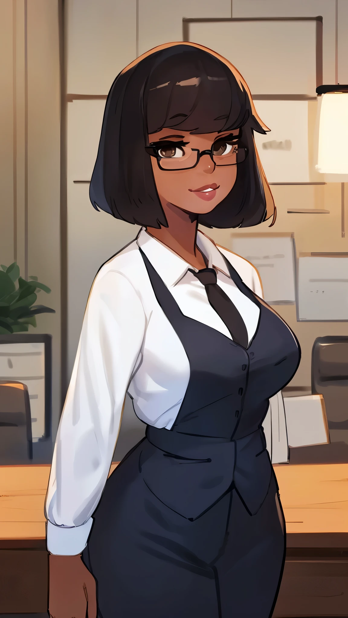 By bebebebebe, by lostgoose, by goonie-san, Solo, standing, black woman, office worker, glasses, big glossy lips, ((lip gloss)), eyelashes, eyeliner, dark brown eyes, black hairstyle, human 