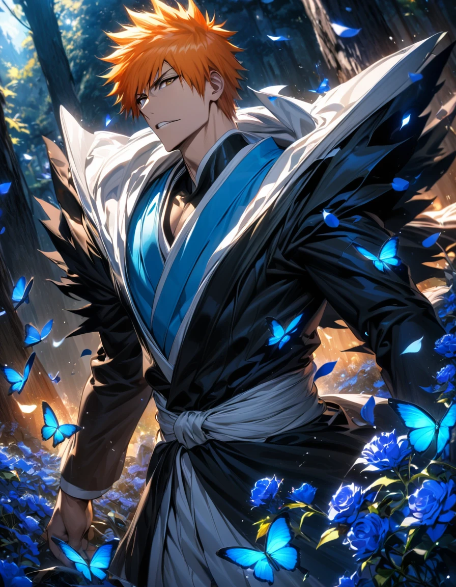 absurdres, highres, ultra detailed, HDR), master piece, best quality, Kurosaki Ichigo, orange hair, vibrant brown eyes, black shinigami clothes, Bleach, 1man, handsome, blue forest, blue butterflies, blue flowers, blue petals