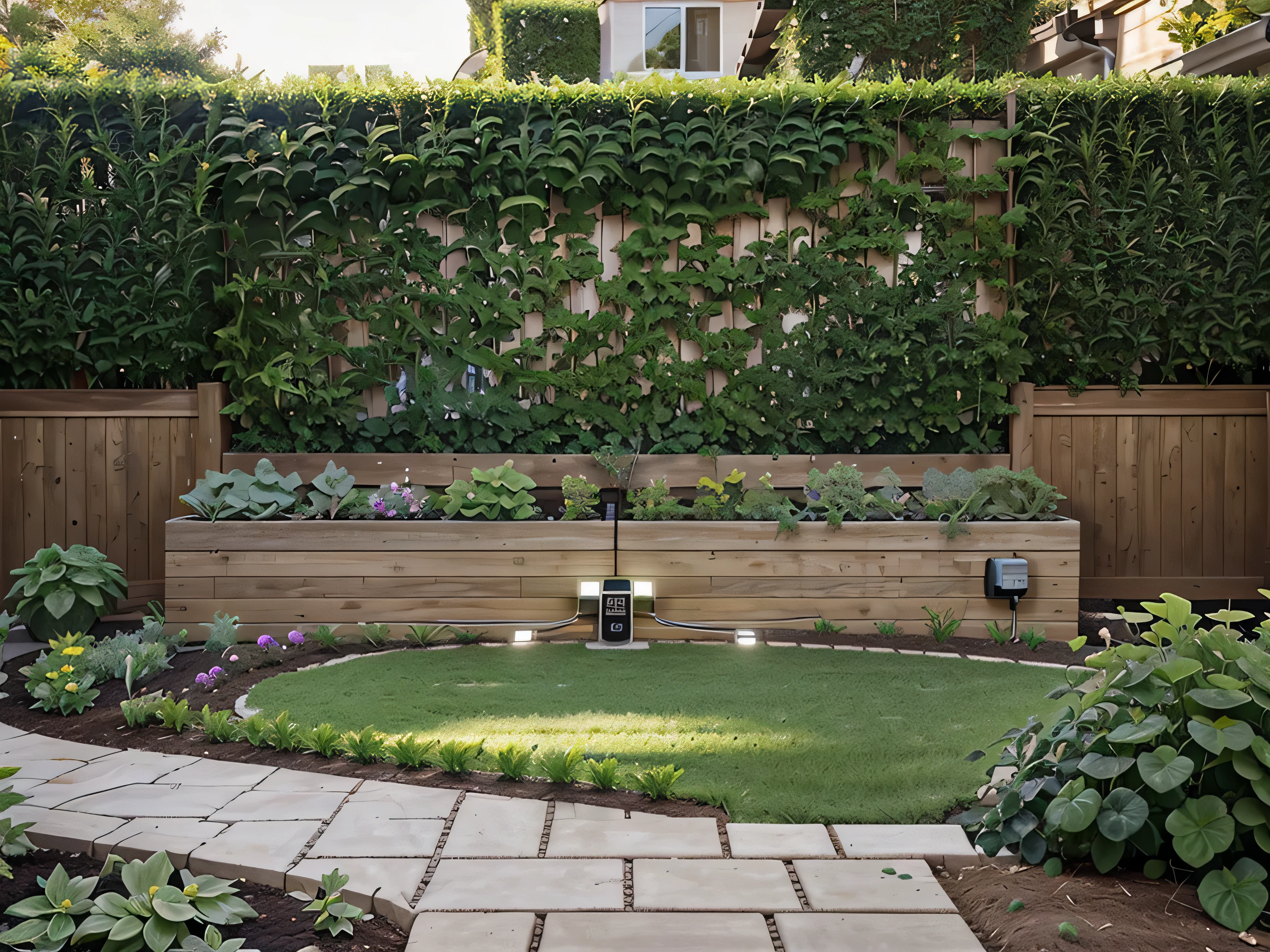 Display the core components of the Smart Watering System, including a smart controller box mounted on a garden wall, several small, discreet soil moisture sensors scattered throughout a vibrant garden, and a sleek, user-friendly mobile app interface visible on a smartphone screen. The garden should feature a variety of plants, demonstrating the system's versatility.