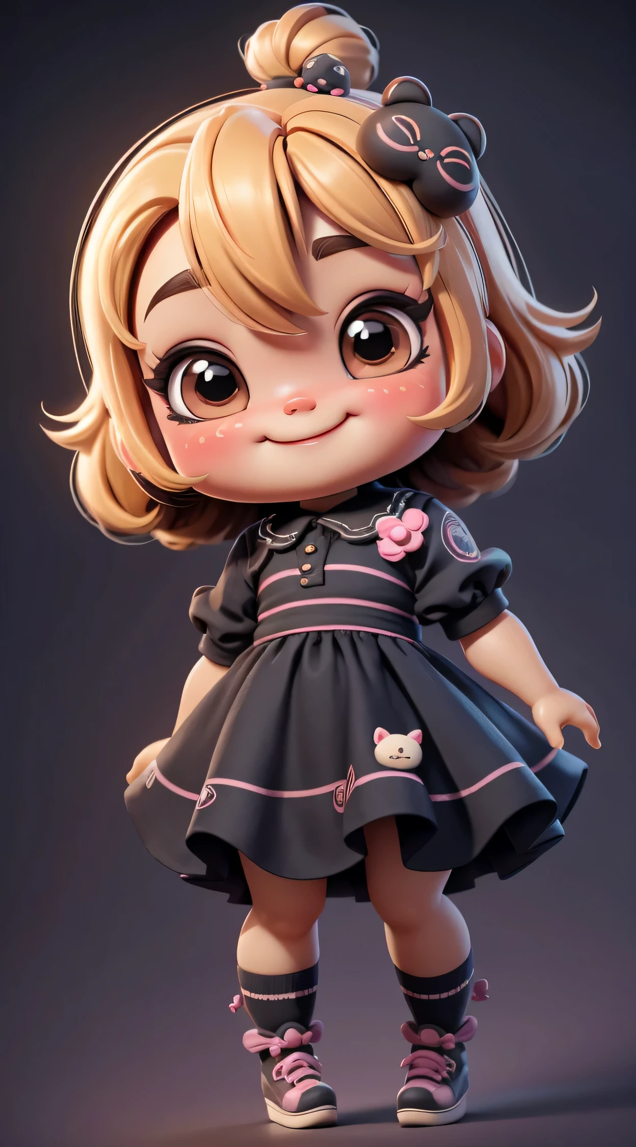 A cute baby chibi style dolls smiling, vestido bonito, Bombas, dynamic pose, inclinando-se para a frente,
adicionar sombras, texturas e detalhes para os cabelos, roupas, Bombas,