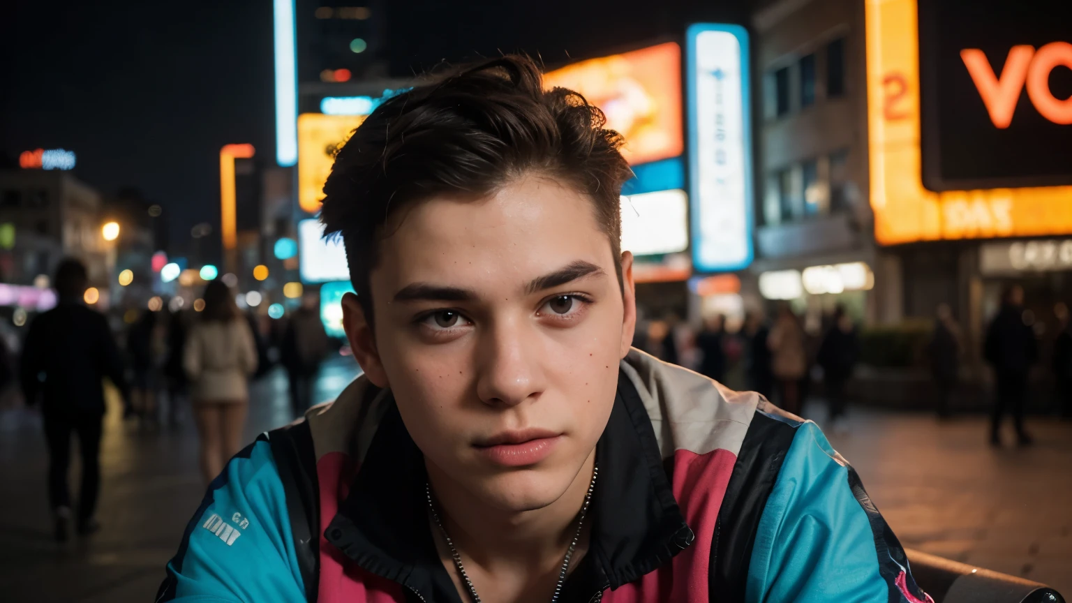 ((best quality)), ((masterpiece)), (detailed), perfect face, a close up of a teenage boy sitting on a bench in a city, beaten tech. synthwave city, realistic art style, vibrant colors, futuristic neon city in the background, beaten city.