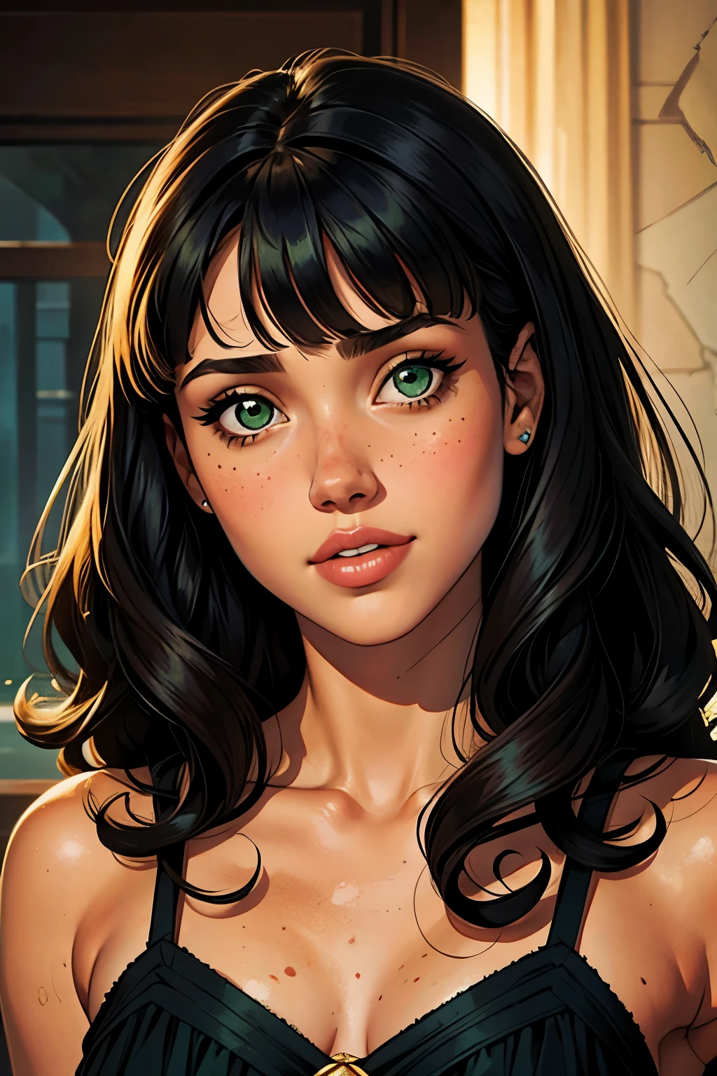 jessica Alba, 18 years old, slim face, vert_curly_black_hair, curly bangs, green_eyes, pecas, beautifull face, palid skin, princess_dress, retrato