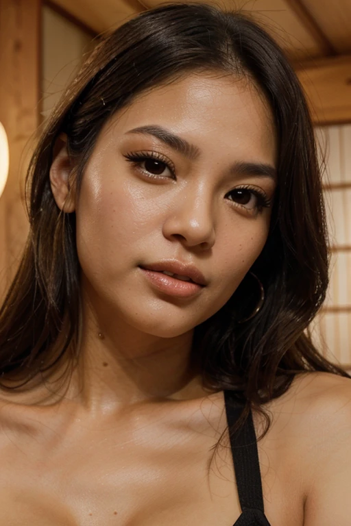 A close-up photo of the face of a beautiful Brazilian woman of Japanese descent, with beautiful honey-colored eyes and full lips.