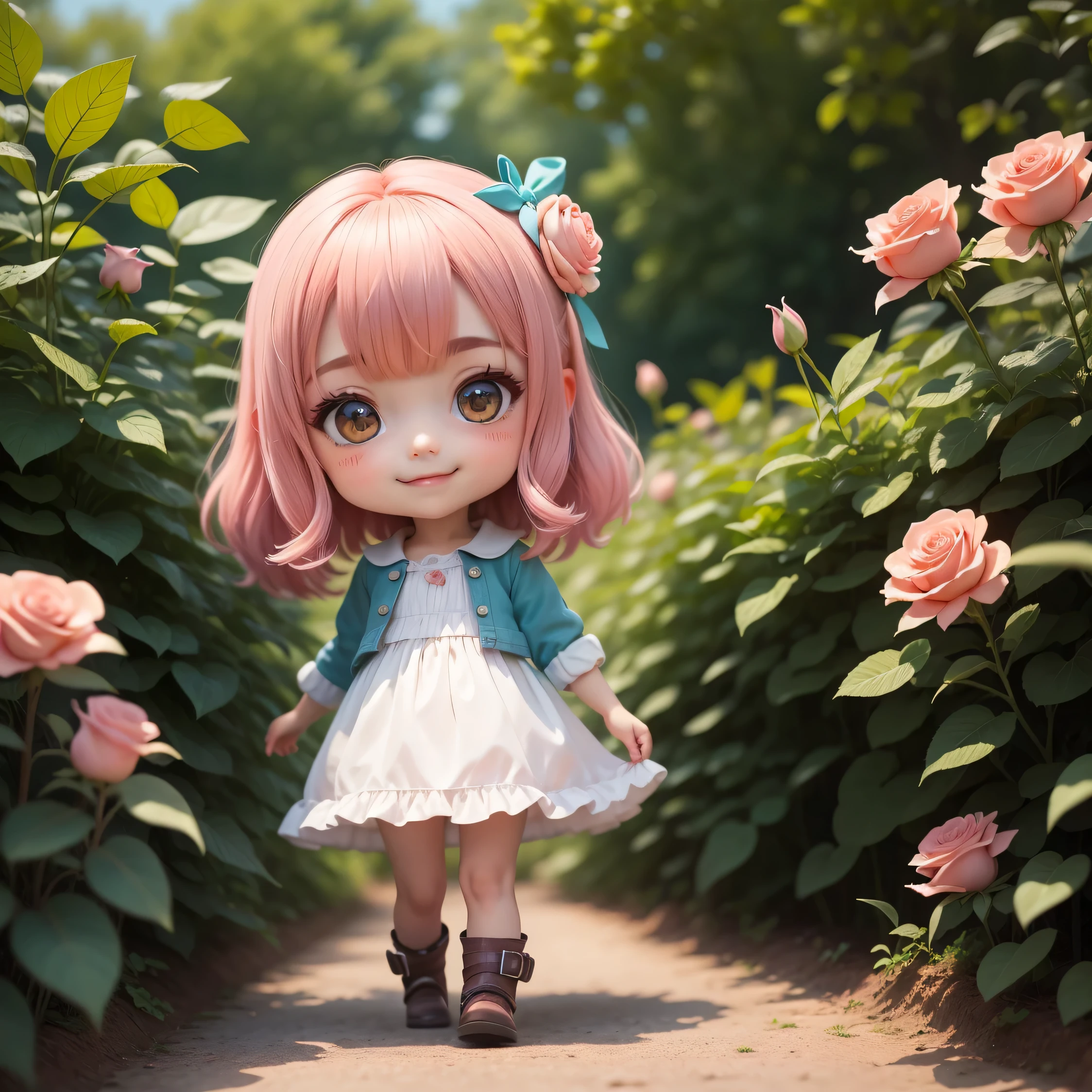 Cute baby chibi anime,(Super Obra-Prima、qualidade superior、ultra-detalhada、1 em、chibi:1.5)、chibi da moda、Modelo de Moda、Malha branca de gola alta & saia plissada、Botas rendadas、fora de casa、(Rosas azuis:1.1)、(Coloma Rose Garden in Belgium:1.2)、O melhor sorriso、looking at the camera、Um rosto detalhado、highdetailskin、Aqua Blue Sauvage Cabelo、(chibi:1.4)todas em 8k