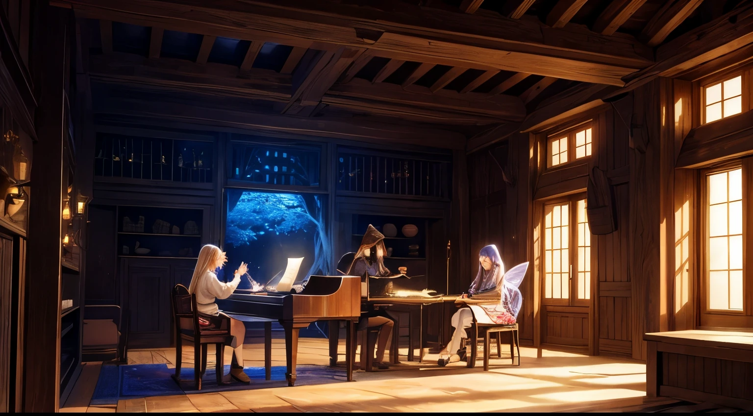 Certainly! Let’s delve into the enchanting scene depicted in the image:
In a cozy, dimly lit room, a mysterious character sits, hooded cloak concealing their face. Their nimble fingers dance across the strings of an acoustic guitar, weaving melodies that fill the air. The room exudes warmth, with wooden walls and ceiling beams adding to its rustic charm. Candles flicker on tables, casting soft glows, while floating particles or lights lend an ethereal quality to the atmosphere.
Other patrons sit around, captivated by the music. Their features remain obscured, emphasizing the spotlight on the guitarist. Perhaps this is a hidden corner of a magical tavern, where tales unfold and secrets are shared. The name “Fairy Winds” whispers through the room, carried by the haunting notes.
As the chords resonate, listeners lose themselves in the music—a moment frozen in time, where reality blurs and dreams take flight. 🌟🎶
!Image