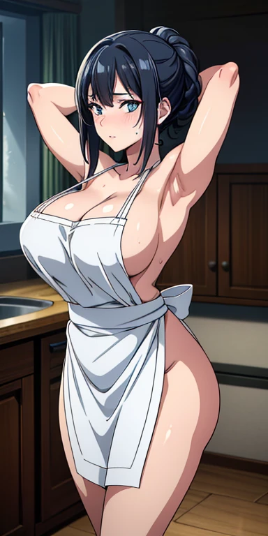 , (masterpiece), (best quality), (ultra-detailed), (extremely detailed cg), (a extremely delicate), (perfect lighting), (8k), (dynamic angle), (sharp image), vibrant colors, female, masterpiece, best quality, depth of field, cinematic lighting, masterpiece, best quality, ultra-detailed, colorful, vibrant, large breasts, thighs, mature female, solo, (masterpiece, best quality, high resolution, animescreencap, anime colored,), (perfect anatomy, beautiful detailed eyes, beautiful detailed body, beautiful breast, shiny skin), a sexy mature anime lady cooking in her kitchen wearing only but apron, shiny thighs, looking at viewer, side bangs, black hair, perfectly detailed eyes, blue eyes,braided ponytail, side bangs, large breasts,perfectly detailed eyes,beauty mole, milf, mature woman, apron, embarrassed, red face, blushing, off shoulder, naked, side , butt, arms behind head, show both armpits, (sweaty armpits)