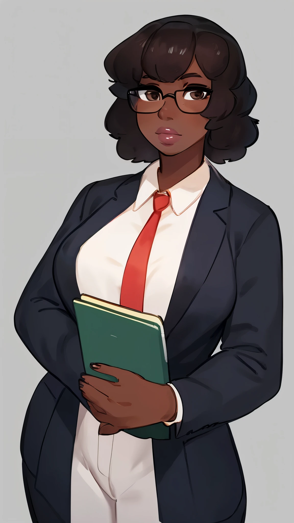 (Human), By bebebebebe, by lostgoose, by goonie-san, Solo, standing, black woman, office worker, glasses, big glossy lips, ((lip gloss)), eyelashes, eyeliner, dark brown eyes, black curly hairstyle, 