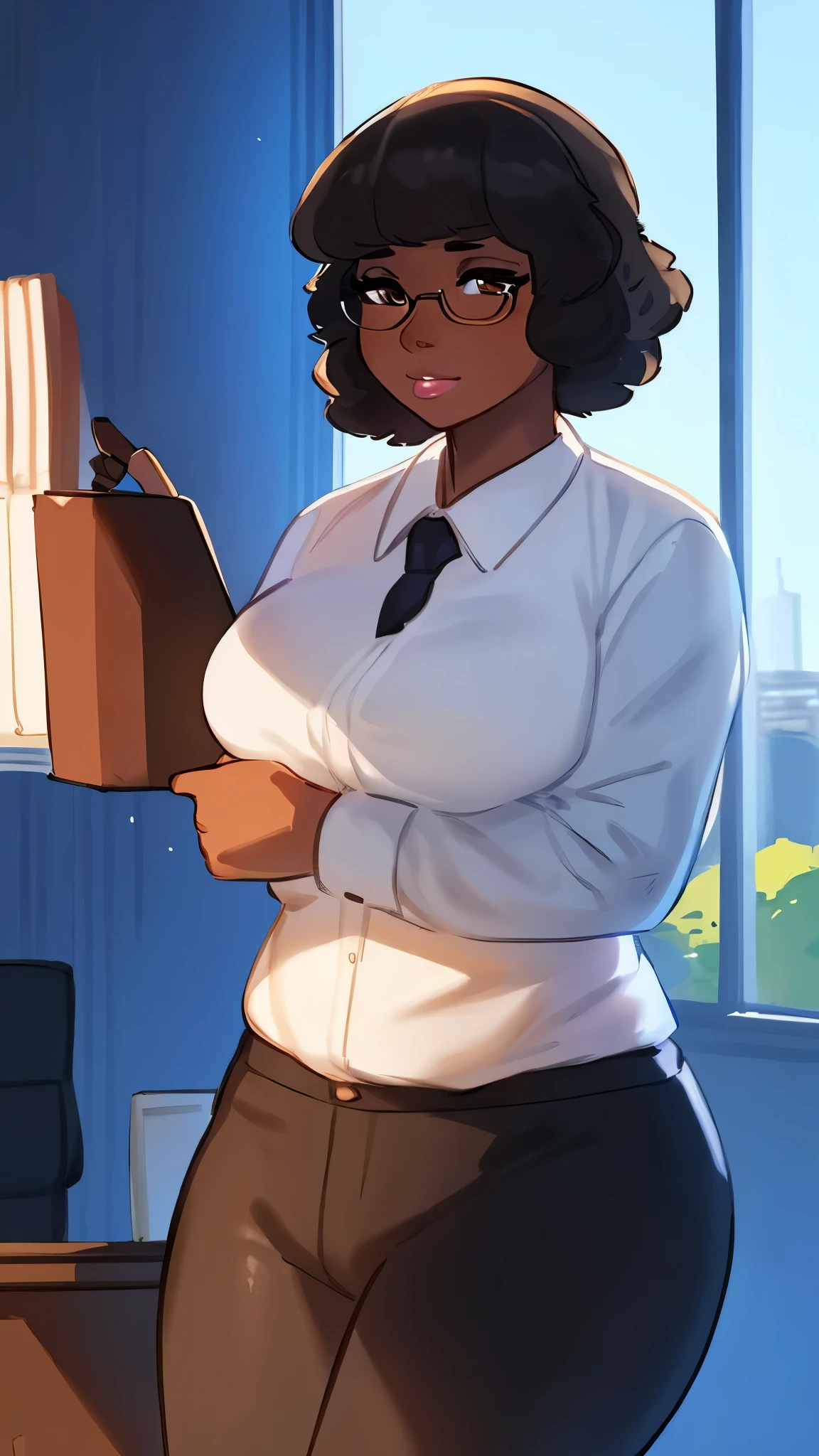 (Human), By bebebebebe, by lostgoose, by goonie-san, Solo, standing, black woman, office worker, glasses, big glossy lips, ((lip gloss)), eyelashes, eyeliner, dark brown eyes, black curly hairstyle, 