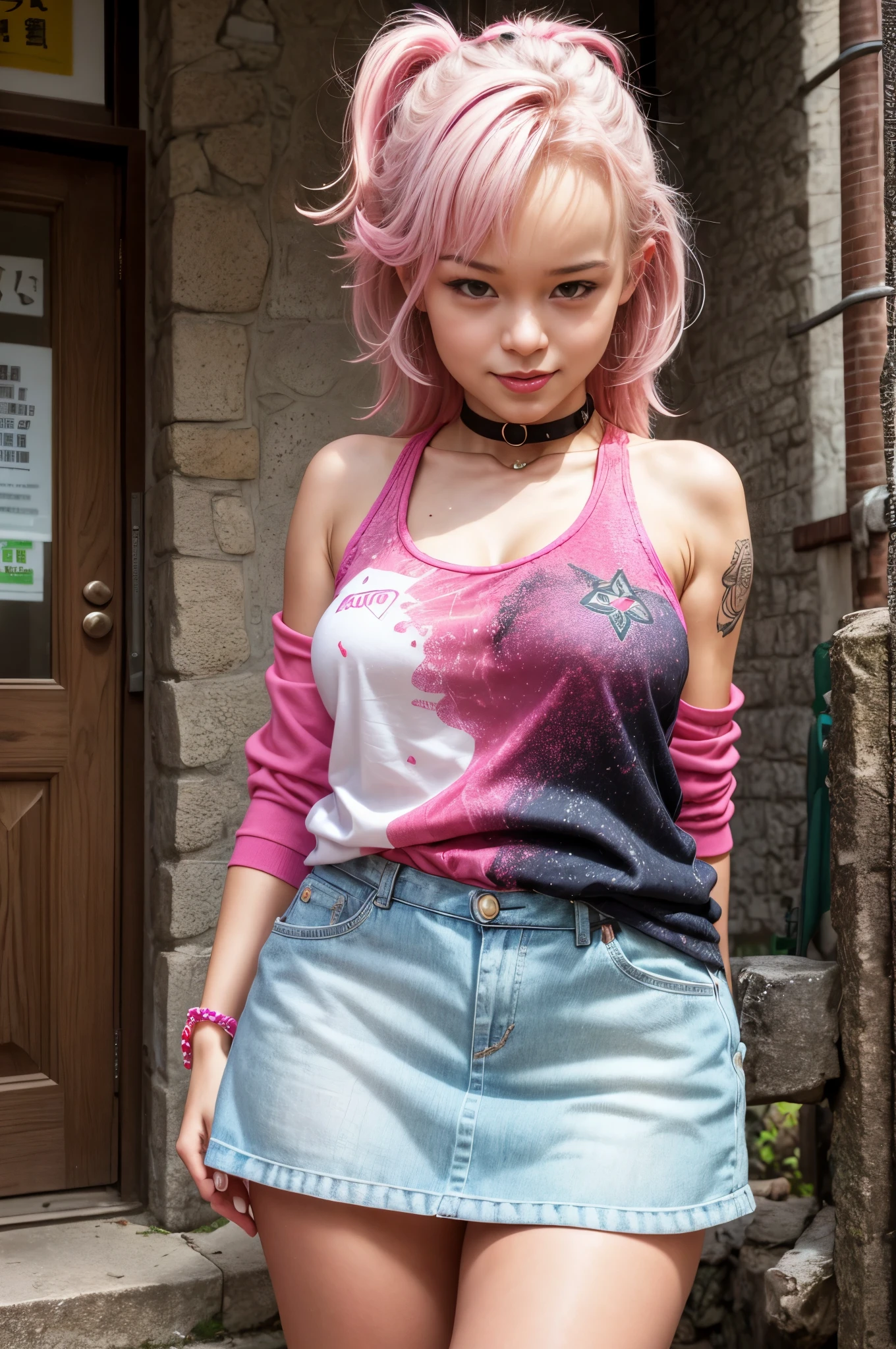 Best quality, photorealistic, 8k, masterpiece, A woman with a tattoo on her arm and a bag on her shoulder, tattoo sleeve on her right arm and neck, of taiwanese girl with tattoos, tattoos and piercings, beautiful female punk,pink and purple hair, choker, heavy bracelets, pastel clothes, taiwanese, miniskirt, pink tank top, bright sunny day, feral grin, heavily saturated photo