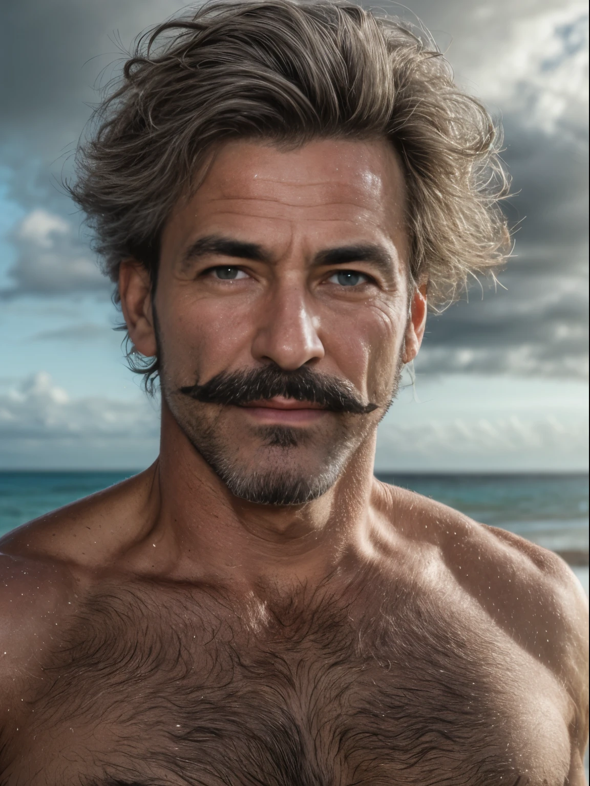 masterpiece, best quality, high resolution, closeup portrait, male focus, solo focus, A man, 50 years old, grey hair, in speedo, grey silver hair, messy hairstyle, cute and seductive face, bare chest, body hair, facial hair, roman nose, very skinny body, hairy legs, cute, dimples, goatee and mustache, bold jawline , sweaty, in the background a beach on a cloudy day,  spreading legs, view from below, amazing composition, front view, HDR, ultra quality, elegant, highly detailed