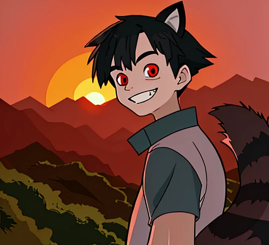 1boy, glossy dark black hair, red eyes, large sharp raccoon ears, raccoon tail, staring at viewer while grinning, mountainous setting, sunrise, 4k Resolution