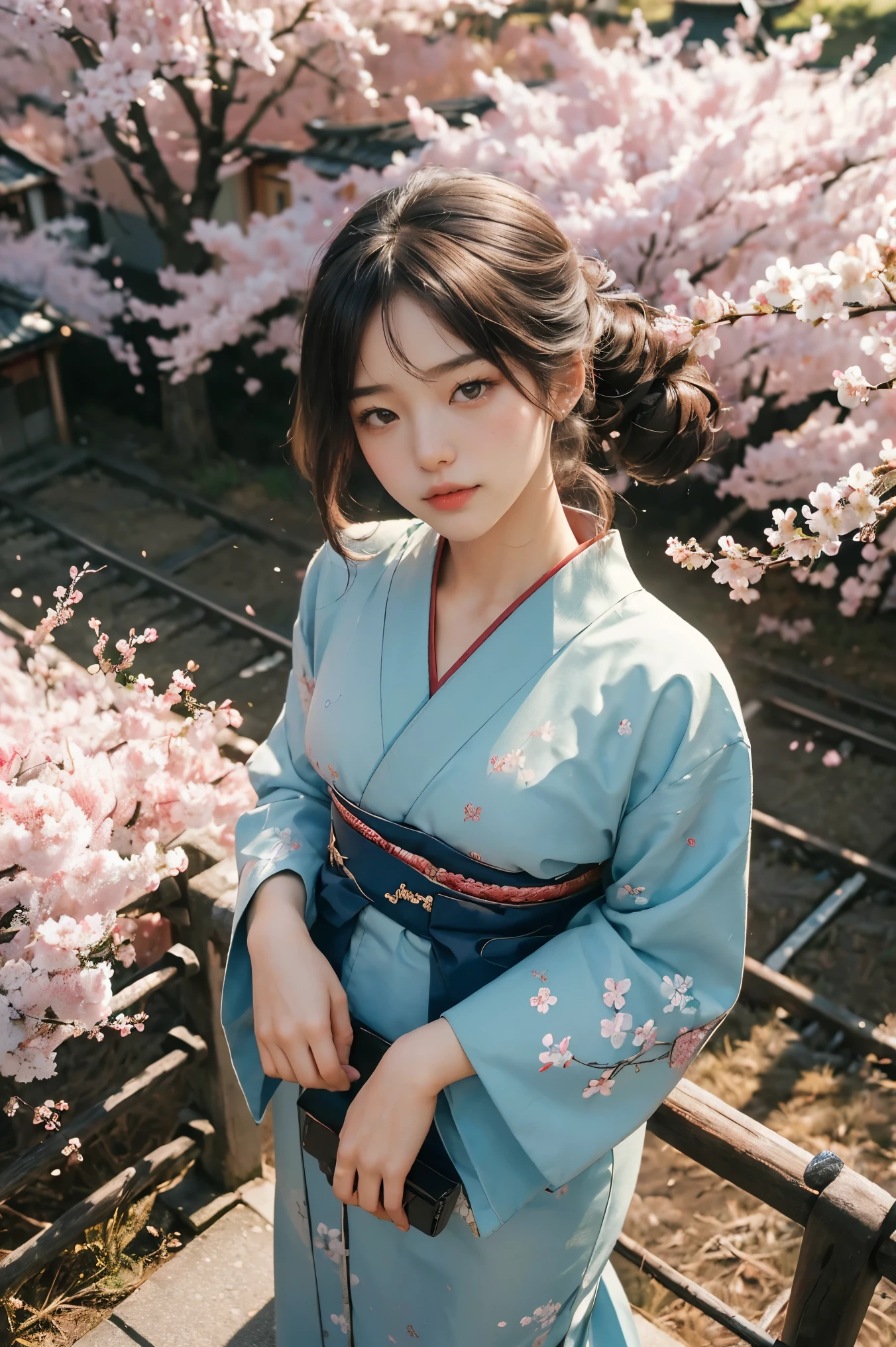 ((masterpiece, best quality, Best image quality, high resolution, realistic, RAW photos, 8 thousand)), Spring Morning, In a Japanese rural village, Students head to the train station along a road lined with cherry blossom trees.., (view from above:1.3), Korean beauty wearing kimono, perfect hands, 