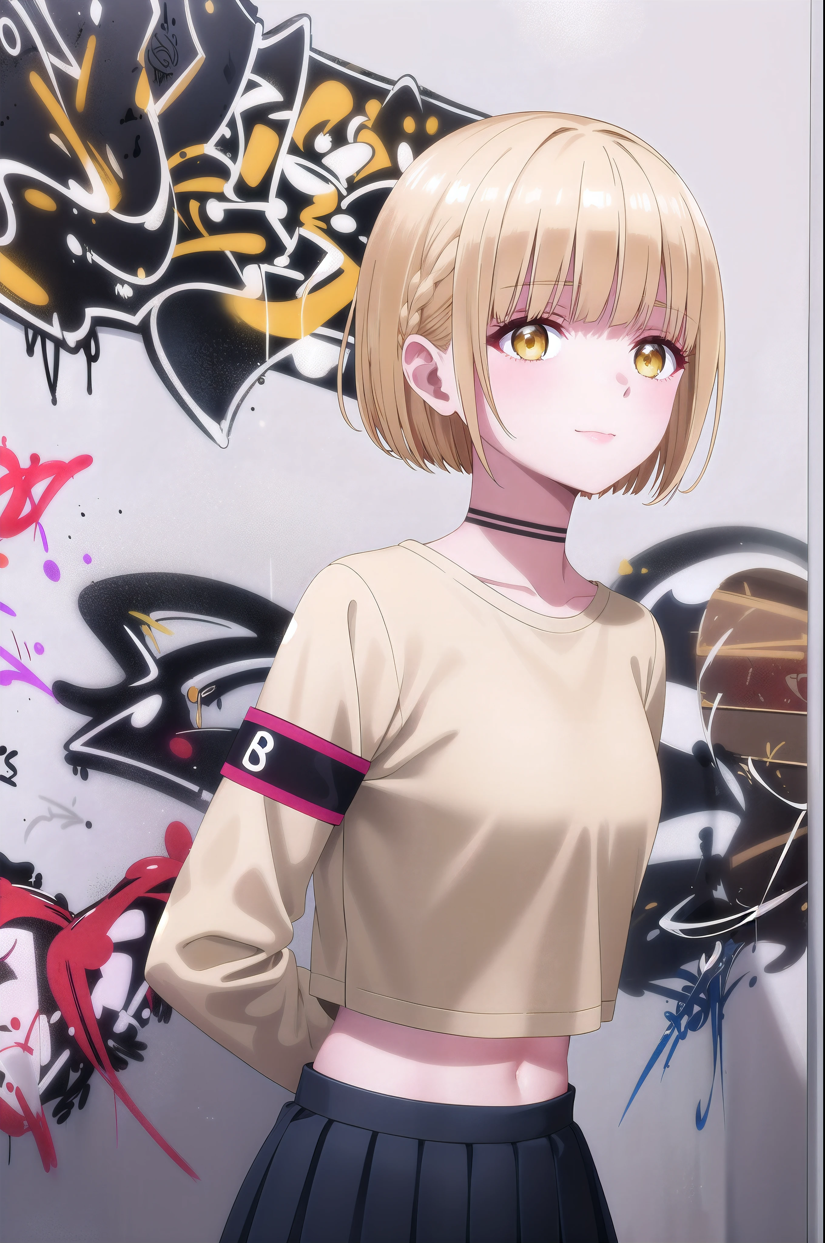 masterpiece, best quality, 1girl, solo, stylish crop top, smile, vibrant short yellow hair, brown hair, (sliced_bob), bobhair, short-hair, short bob hair, (((bobcut))), bob haircut, very short bob cut, lip length hair, blunt ends, buzzed nape ((haircut:1.3)), undercut, bobbed hair, minibob, sidecut, shaved, yellow eyes, graduation bob, straight short hair, short hair above the ears, Shot diagonally from the side, elegant braid, soft bangs, upper body, alluring choker, (graffiti:1.5), artistic paint splatter, seductive arms behind back, leaning against wall, exposed back, fashionable armband, urban hiphop style, flirty skirt, playful head tilt, intense expression, warm orange, dynamic asymmetrical design, bold geometric shapes, creative street art