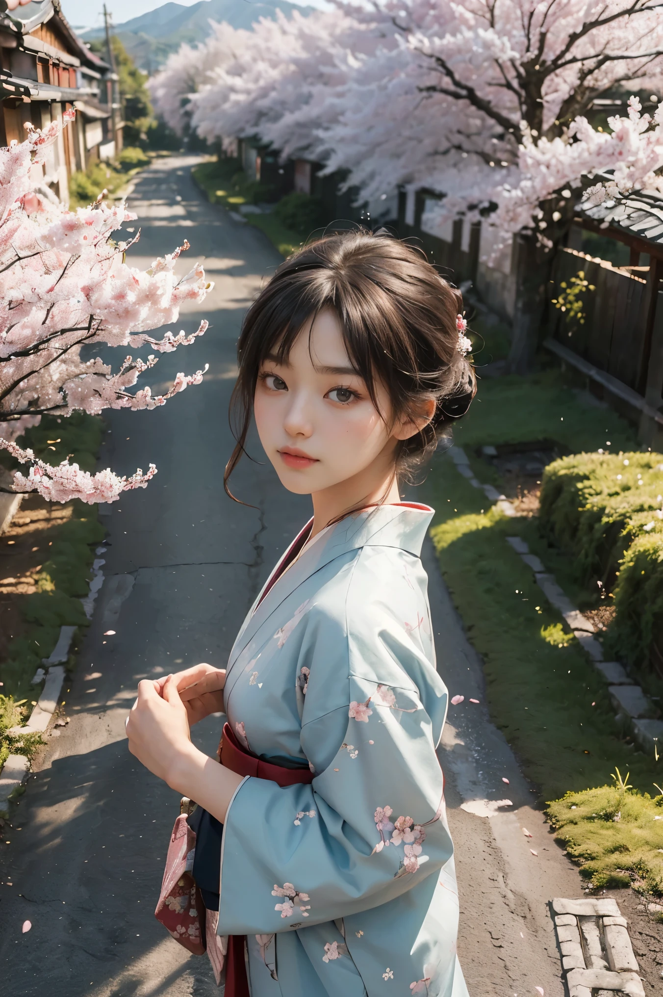 ((masterpiece, best quality, Best image quality, high resolution, realistic, RAW photos, 8 thousand)), Spring Morning, In a Japanese rural village, Students head to the train station along a road lined with cherry blossom trees.., (view from above:1.3), Korean beauty wearing kimono, perfect hands, 