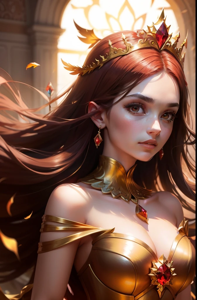 Uma mulher com um vestido vermelho e dourado,phoenix crown,The lighting is soft,fundo de flor rosa,Soft Lighting Crystal Fancy