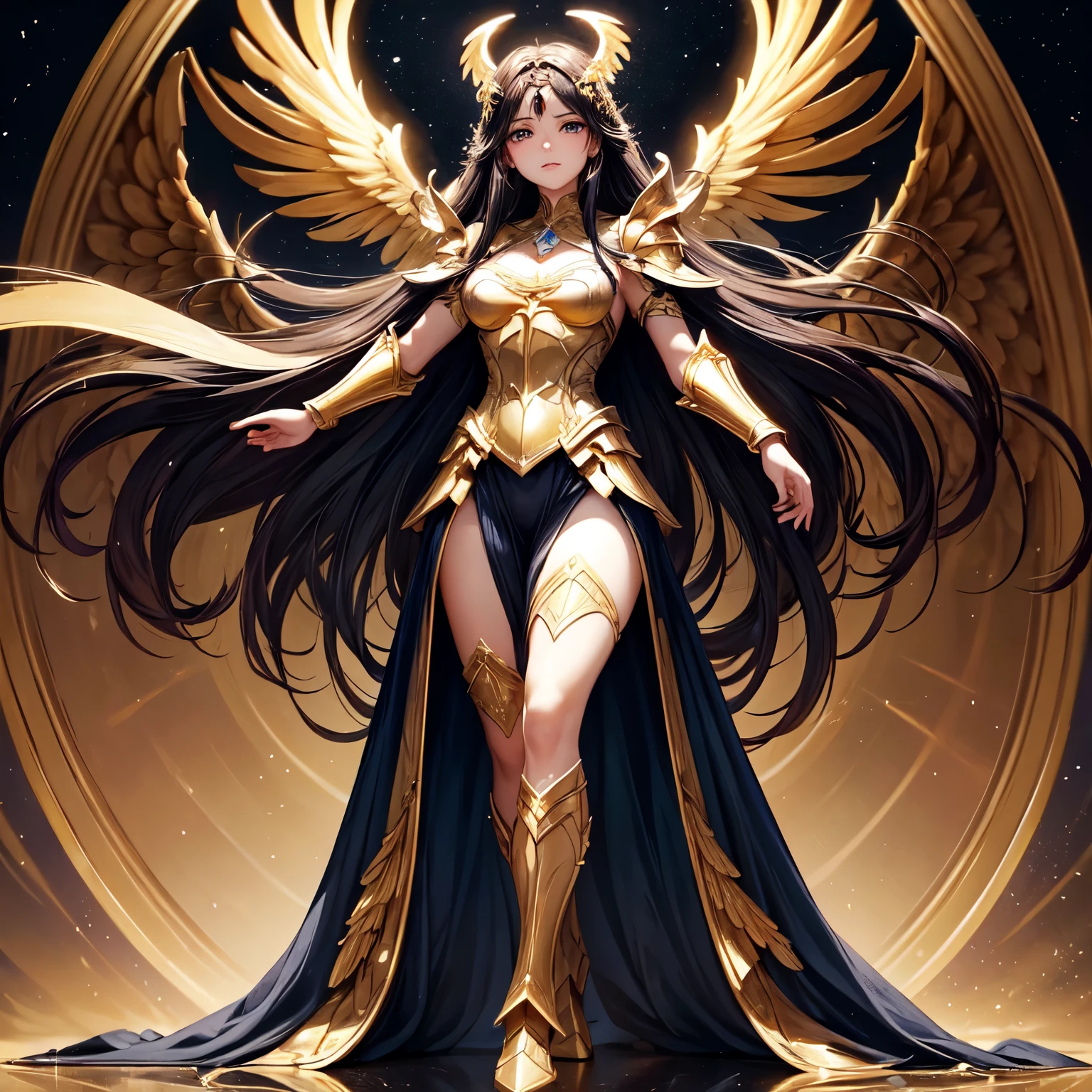 best quality, extremely beautiful, beautiful face, angel woman, four huges golden wing, revealing armor with open front skirt, very long dark hair
