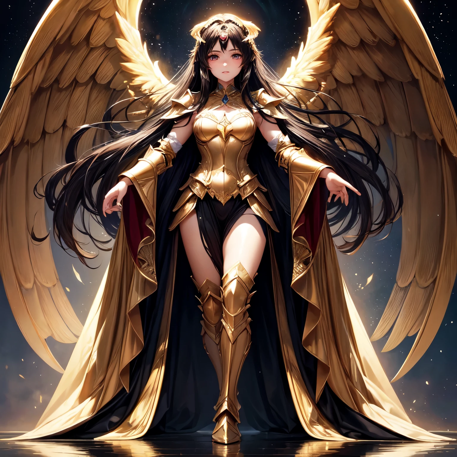 best quality, extremely beautiful, beautiful face, angel woman, four huges golden wing, revealing armor with open front skirt, very long dark hair
