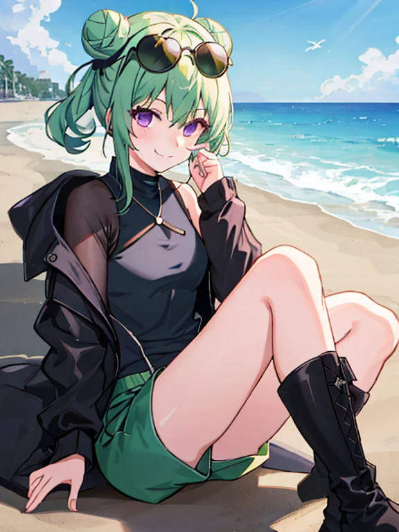 (ultra detailed), (best quality),1 girl, alone, medium hair, pastel green hair, twin buns, villain smile, violet eyes, round black sunglasses on head, beach, black necktop, green shorts, boots