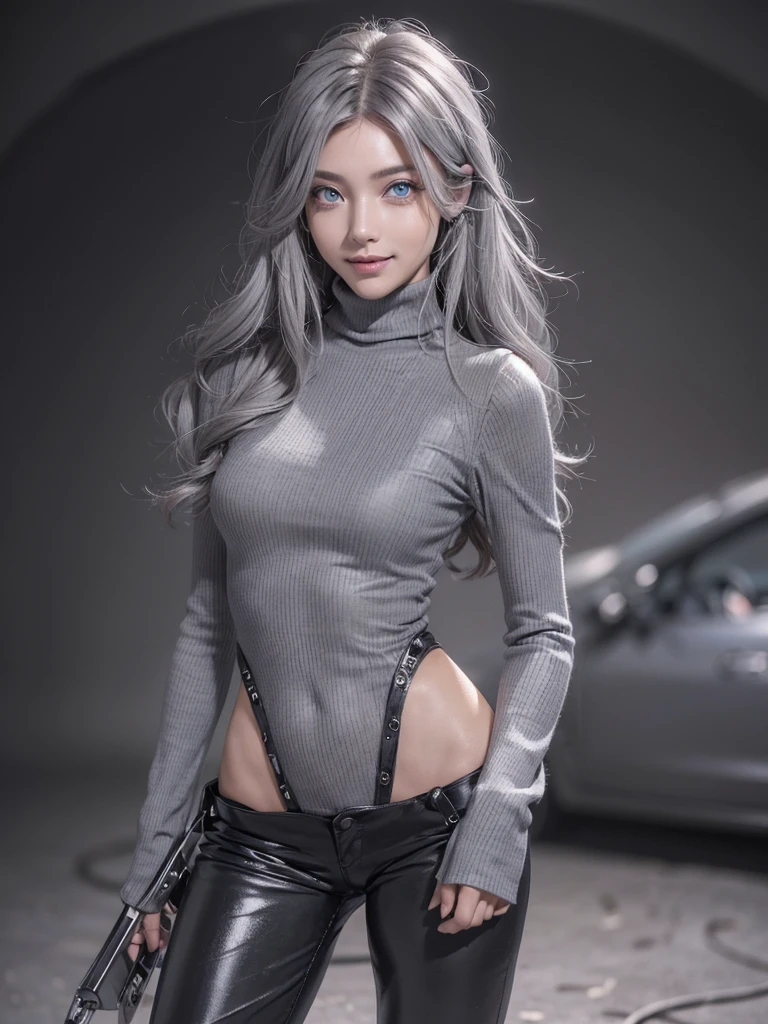 (anime, Unreal:1.2), (portrait:1.6), (brand collection, fashion brand theme:1.6), (detailed, beautiful, masterpiece, best quality:1.2), _ BREAK (1girl:1.2), 22 years old, 160 cm, Japanese cute model, Tightened all body, medium Breasts, small head, small face, diamond Face, small nose, Sharp Faceline, Detailed face, Detailed eyes, young hands and fingers, beautiful hands and fingers, five fingers, _ BREAK (happy, smile, Glossy Lips:1.3), (Light color lips, Half open mouth, beautiful Teeth:1.2), (dropy eyes, Double eyelid, light color eyes, Shiny eyes:1.5), Shiny skin, _ BREAK (arranged hairstyle:1.4), (gray hair:1.4), shiny hair, _ BREAK (gray simple blurry background:1.4), (mist, fog:1.4), _ BREAK (cowboy shot:1.4), (standing, sexy model pose:1.2), BREAK (Cyberpunk and wool fusion:1.3), ((wear an oversized wool turtleneck with rubberized surface) for a luxurious, futuristic, bodysuit, High legs, and warm feel:1.2), (large sleeves:1.2), (7/8 length:1.2), (simple yet cyberpunk-themed design:1.3),
BREAK (black and gray theme:1.2), (Low rise skinny pants with a subtle reflective pattern:1.2), (ankle boots with sleek metal details:1.2), (edgy and versatile:1.2),
BREAK (gray background:1.4), (confident standing pose:1.2),