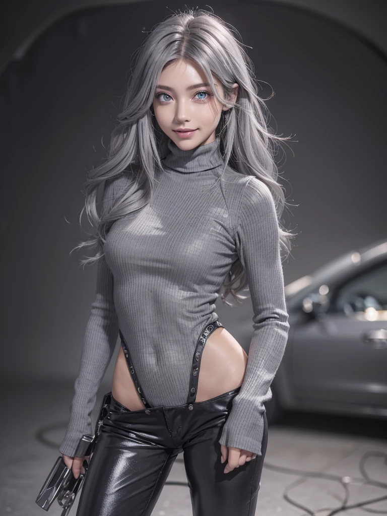 (anime, Unreal:1.2), (portrait:1.6), (brand collection, fashion brand theme:1.6), (detailed, beautiful, masterpiece, best quality:1.2), _ BREAK (1girl:1.2), 22 years old, 160 cm, Japanese cute model, Tightened all body, medium Breasts, small head, small face, diamond Face, small nose, Sharp Faceline, Detailed face, Detailed eyes, young hands and fingers, beautiful hands and fingers, five fingers, _ BREAK (happy, smile, Glossy Lips:1.3), (Light color lips, Half open mouth, beautiful Teeth:1.2), (dropy eyes, Double eyelid, light color eyes, Shiny eyes:1.5), Shiny skin, _ BREAK (arranged hairstyle:1.4), (gray hair:1.4), shiny hair, _ BREAK (gray simple blurry background:1.4), (mist, fog:1.4), _ BREAK (cowboy shot:1.4), (standing, sexy model pose:1.2), BREAK (Cyberpunk and wool fusion:1.3), ((wear an oversized wool turtleneck with rubberized surface) for a luxurious, futuristic, bodysuit, High legs, and warm feel:1.2), (large sleeves:1.2), (7/8 length:1.2), (simple yet cyberpunk-themed design:1.3),
BREAK (black and gray theme:1.2),  (Low rise skinny pants with a subtle reflective pattern:1.2), (ankle boots with sleek metal details:1.2), (edgy and versatile:1.2),
BREAK (gray background:1.4), (confident standing pose:1.2),
