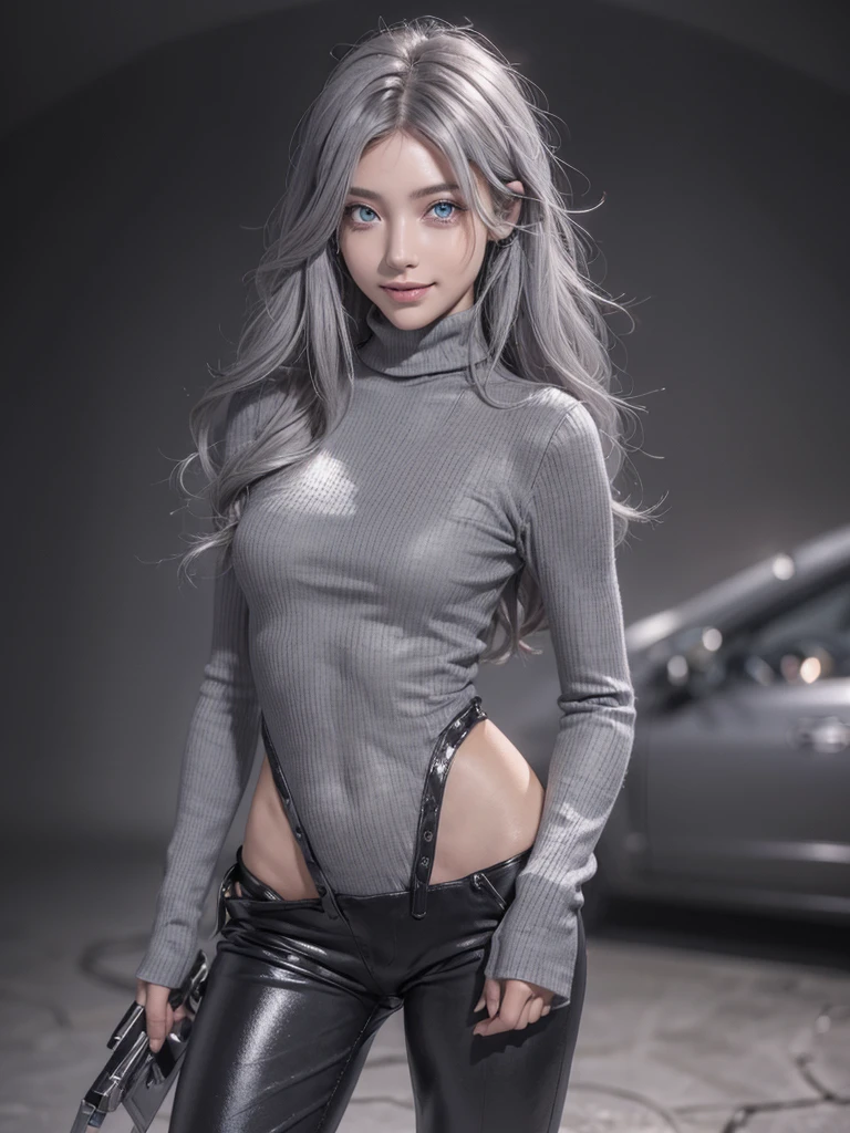 (anime, Unreal:1.2), (portrait:1.6), (brand collection, fashion brand theme:1.6), (detailed, beautiful, masterpiece, best quality:1.2), _ BREAK (1girl:1.2), 22 years old, 160 cm, Japanese cute model, Tightened all body, medium Breasts, small head, small face, diamond Face, small nose, Sharp Faceline, Detailed face, Detailed eyes, young hands and fingers, beautiful hands and fingers, five fingers, _ BREAK (happy, smile, Glossy Lips:1.3), (Light color lips, Half open mouth, beautiful Teeth:1.2), (dropy eyes, Double eyelid, light color eyes, Shiny eyes:1.5), Shiny skin, _ BREAK (arranged hairstyle:1.4), (gray hair:1.4), shiny hair, _ BREAK (gray simple blurry background:1.4), (mist, fog:1.4), _ BREAK (cowboy shot:1.4), (standing, sexy model pose:1.2), BREAK (Cyberpunk and wool fusion:1.3), ((wear an oversized wool turtleneck with rubberized surface) for a luxurious, futuristic, bodysuit, High legs, and warm feel:1.2), (large sleeves:1.2), (7/8 length:1.2), (simple yet cyberpunk-themed design:1.3),
BREAK (black and gray theme:1.2),  (Low rise skinny pants with a subtle reflective pattern:1.2), (ankle boots with sleek metal details:1.2), (edgy and versatile:1.2),
BREAK (gray background:1.4), (confident standing pose:1.2),