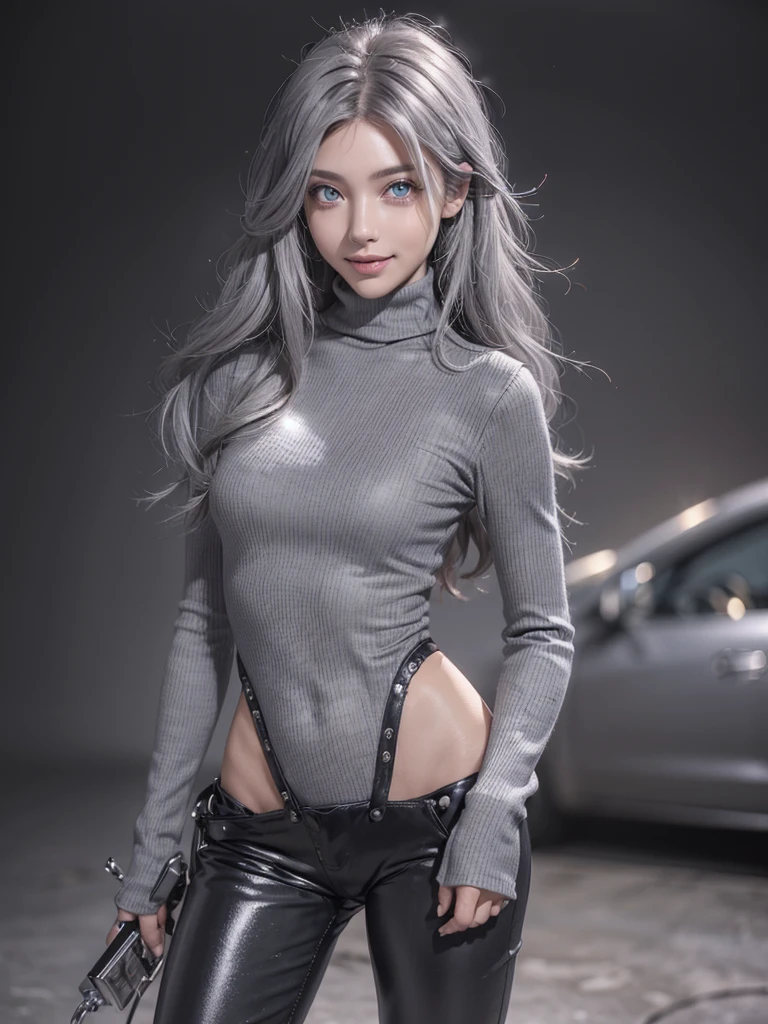 (anime, Unreal:1.2), (portrait:1.6), (brand collection, fashion brand theme:1.6), (detailed, beautiful, masterpiece, best quality:1.2), _ BREAK (1girl:1.2), 22 years old, 160 cm, Japanese cute model, Tightened all body, medium Breasts, small head, small face, diamond Face, small nose, Sharp Faceline, Detailed face, Detailed eyes, young hands and fingers, beautiful hands and fingers, five fingers, _ BREAK (happy, smile, Glossy Lips:1.3), (Light color lips, Half open mouth, beautiful Teeth:1.2), (dropy eyes, Double eyelid, light color eyes, Shiny eyes:1.5), Shiny skin, _ BREAK (arranged hairstyle:1.4), (gray hair:1.4), shiny hair, _ BREAK (gray simple blurry background:1.4), (mist, fog:1.4), _ BREAK (cowboy shot:1.4), (standing, sexy model pose:1.2), BREAK (Cyberpunk and wool fusion:1.3), ((wear an oversized wool turtleneck with rubberized surface) for a luxurious, futuristic, bodysuit, High legs, and warm feel:1.2), (large sleeves:1.2), (7/8 length:1.2), (simple yet cyberpunk-themed design:1.3),
BREAK (black and gray theme:1.2), (Low rise skinny pants with a subtle reflective pattern:1.2), (ankle boots with sleek metal details:1.2), (edgy and versatile:1.2),
BREAK (gray background:1.4), (confident standing pose:1.2),