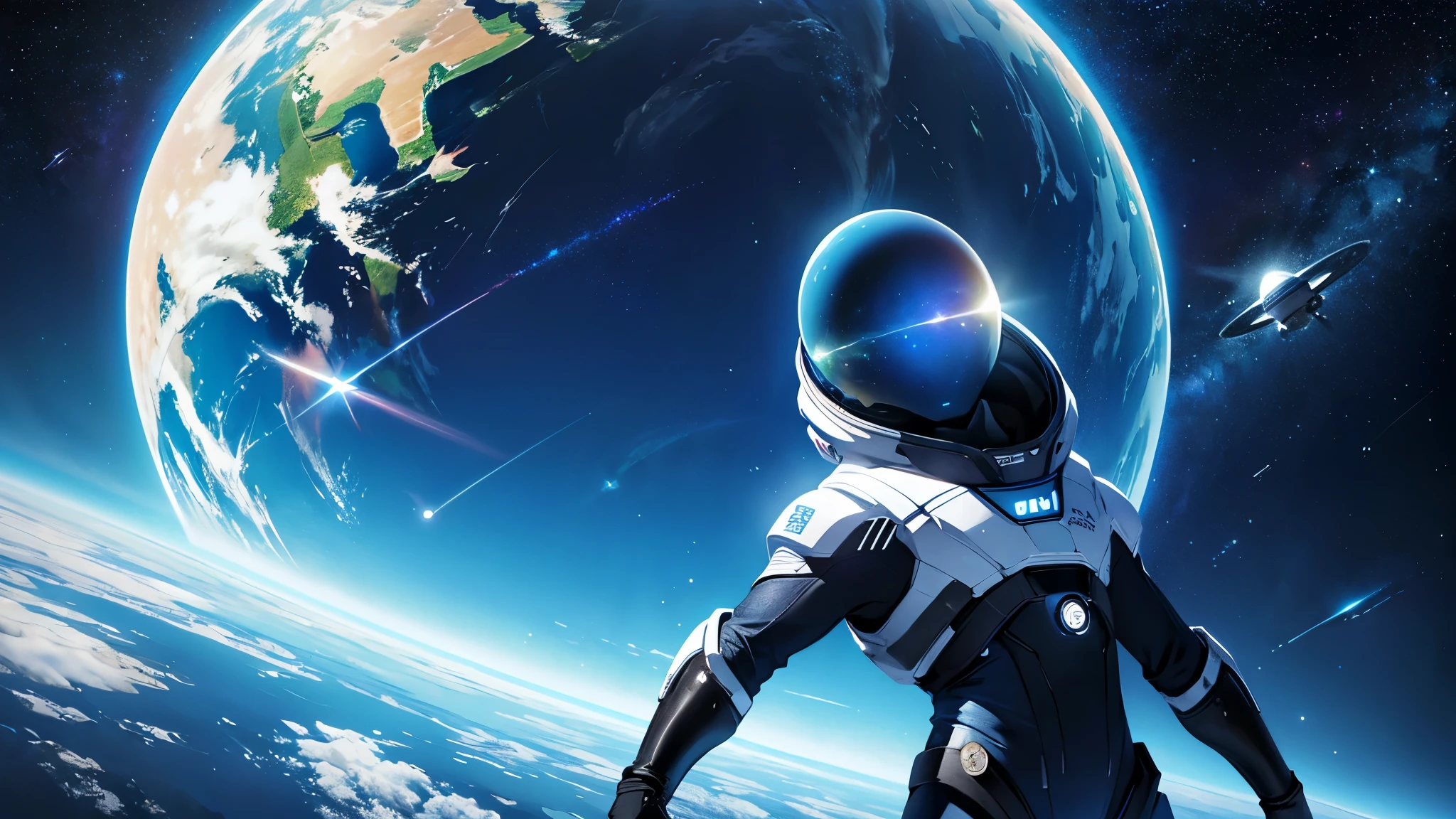 starry space, tonalidade azul, um planeta com anel, hd, 4k, rico em detalhes, um disco voador, ufo