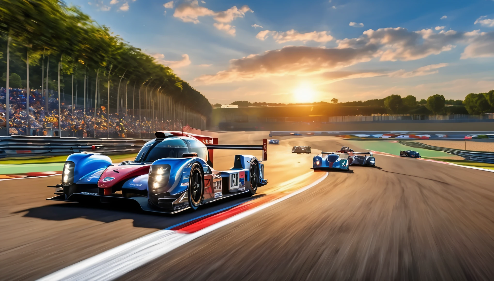 a scene that evokes the grandeur of the Le Mans race on year of 2023, the racers in their LMP2's and LMP3's as they speed around the race track at Circuit de la Sarthe race track as the earth trembles with the roar of their V8 engines, the LMP2 hypercars with the mechanical precision and design perfection characteristic of James key's work at the Circuit de la Sarthe's winding track, Dunlop Bridge, racing cars, vibrant colors, and sunsets, embodying speed and elegance, are rendered with the same level of detail and realism, best quality, award winning, super detail, photo realistic, UHD, 16k, masterpiece, best quality, vivid color, panorama