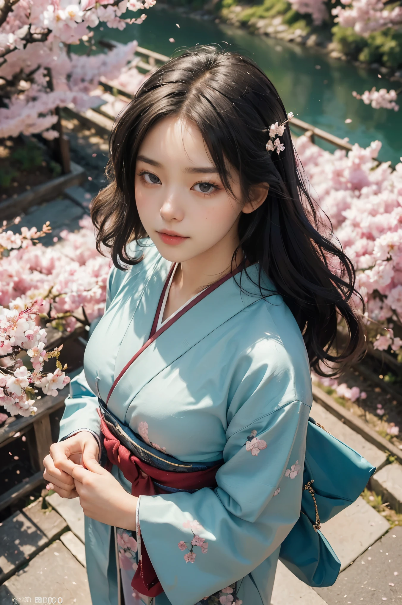 ((masterpiece, best quality, Best image quality, high resolution, realistic, RAW photos, 8 thousand)), Spring Morning, In a Japanese rural village, Students head to the train station along a road lined with cherry blossom trees.., (view from above:1.3), Korean beauty wearing kimono, perfect hands,
