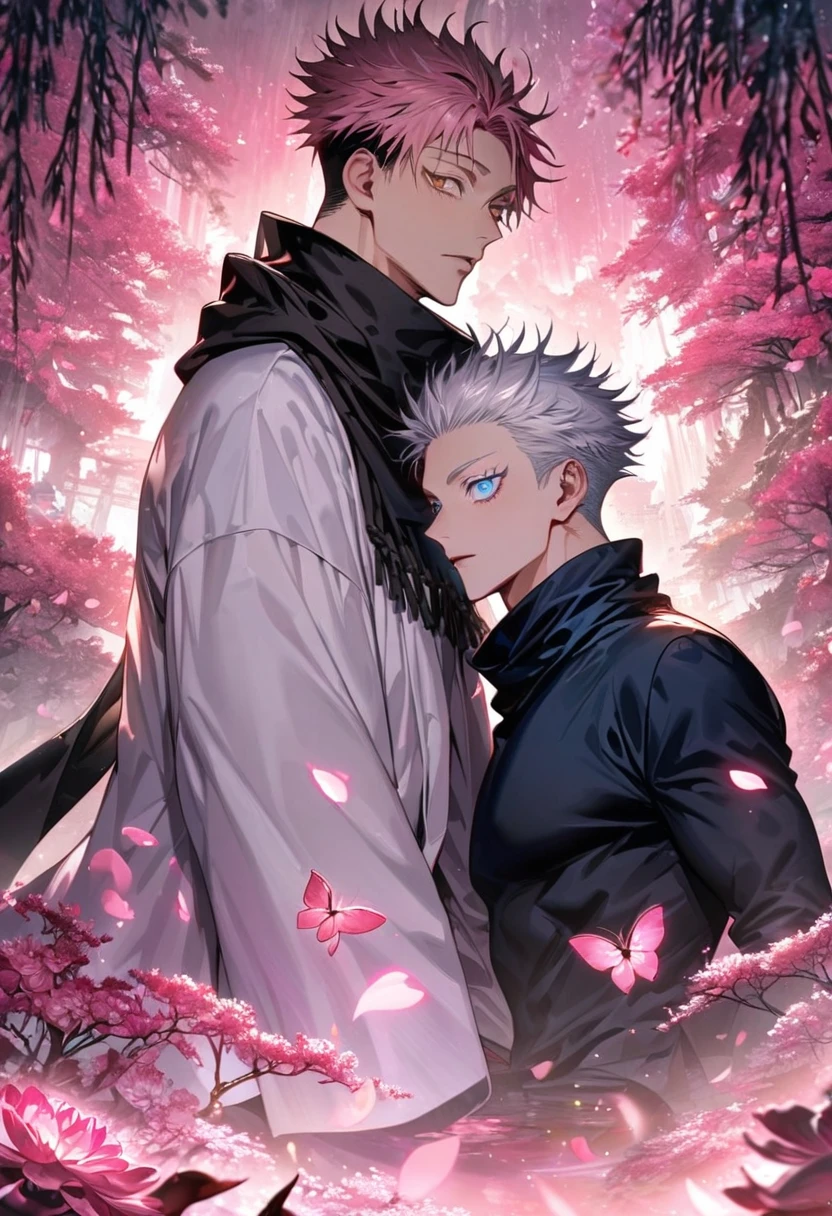 (absurdres, highres, ultra detailed, HDR), master piece, best quality, Gojo Satoru, vibrant blue eyes, white hair with bangs, white eyelashes, Itadori Yuji, pink hair, vibrant brown eyes, 2men together, gay, handsome, Jujutsu Kaisen, pink forest, pink flowers, pink butterflies, pink petals, white haori, black scarf, black tight T-shirt