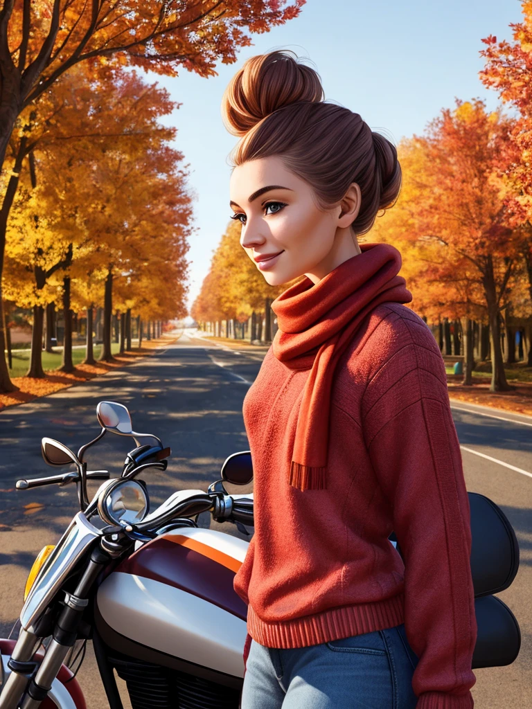 beautiful woman in mamey color sweater  large and jeans, smiling at camera standing next to motorcycle on street, autumn day with trees in background, soft lighting, portrait photography, high resolution, hyper realistic, detailed skin texture, wearing scarf around neck, hair up in messy bun, photo taken from the side