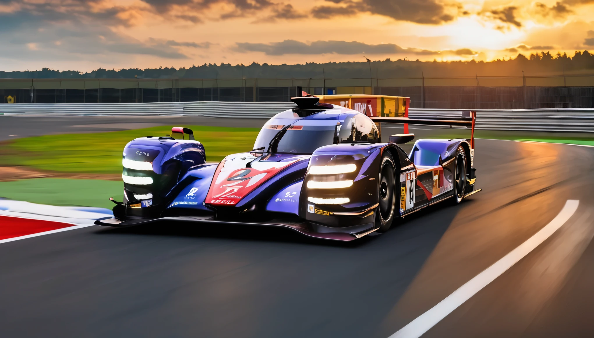 a scene that evokes the grandeur of the Le Mans race on year of 2023, the racers in their LMP2's and LMP3's as they speed around the race track at Circuit de la Sarthe race track as the earth trembles with the roar of their V8 engines, the LMP2 hypercars with the mechanical precision and design perfection characteristic of James key's work at the Circuit de la Sarthe's winding track, Dunlop Bridge, racing cars, vibrant colors, and sunsets, embodying speed and elegance, are rendered with the same level of detail and realism, best quality, award winning, super detail, photo realistic, UHD, 16k, masterpiece, best quality, vivid color, panorama