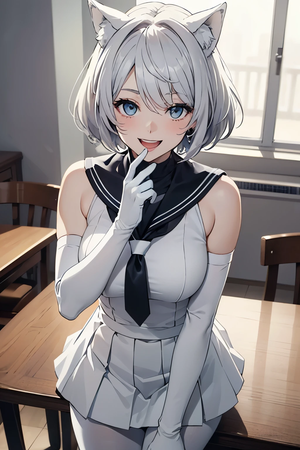 table top High level image quality best image quality 8K adult woman whole body portrait pure white long gloves(elbow gloves) pure white pantyhose sailor suit(sleeveless) mini skirt white wolf ears short hair((shortcut)(gray hair)(perm)(fluffy)) eye color is blue attractive face((laughter)(smile)(open your mouth)) look forward to sexy pose have a skirt