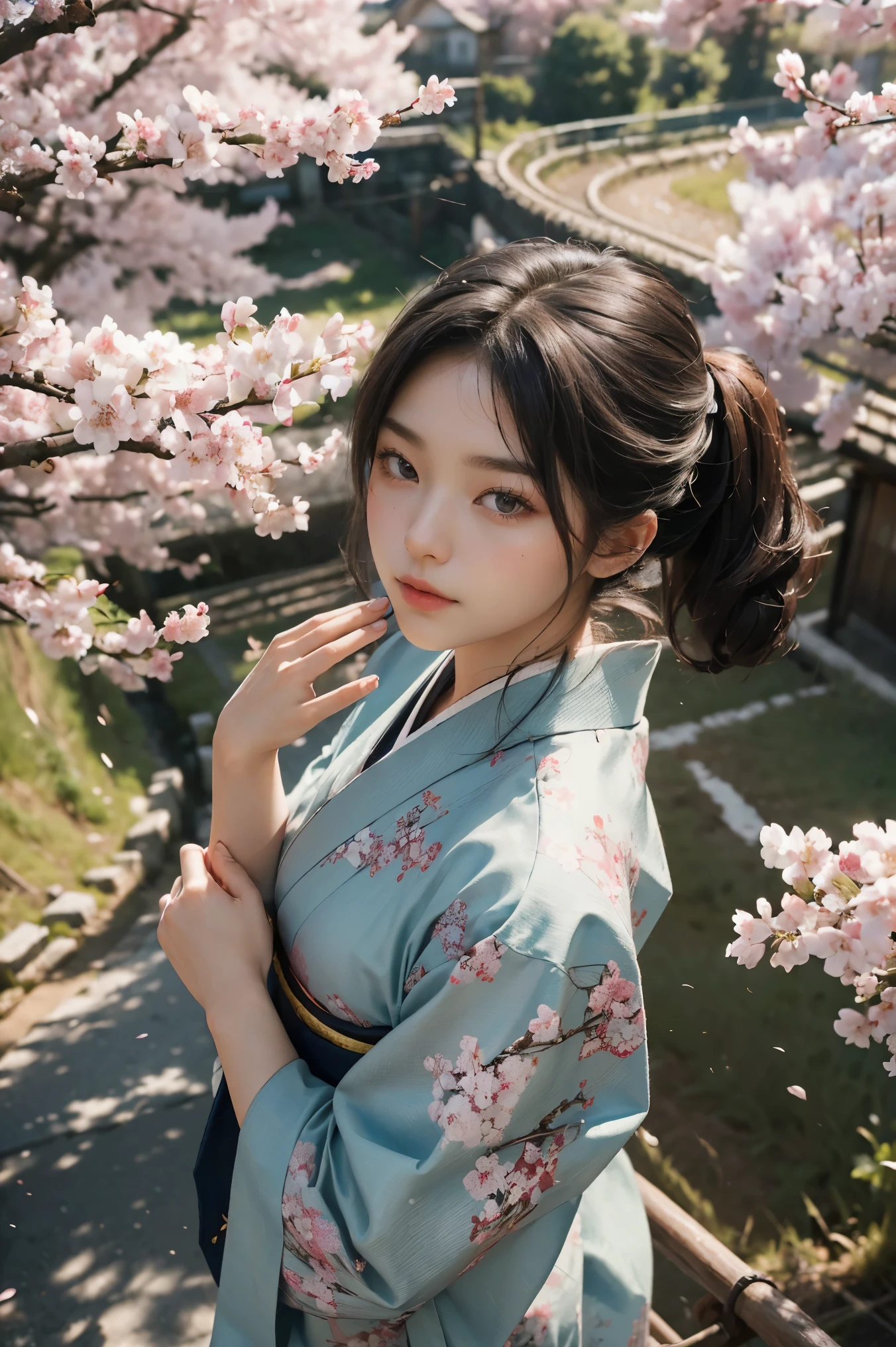 ((masterpiece, best quality, Best image quality, high resolution, realistic, RAW photos, 8 thousand)), Spring Morning, In a Japanese rural village, Students head to the train station along a road lined with cherry blossom trees.., (view from above:1.3), Korean beauty wearing kimono, perfect hands, 