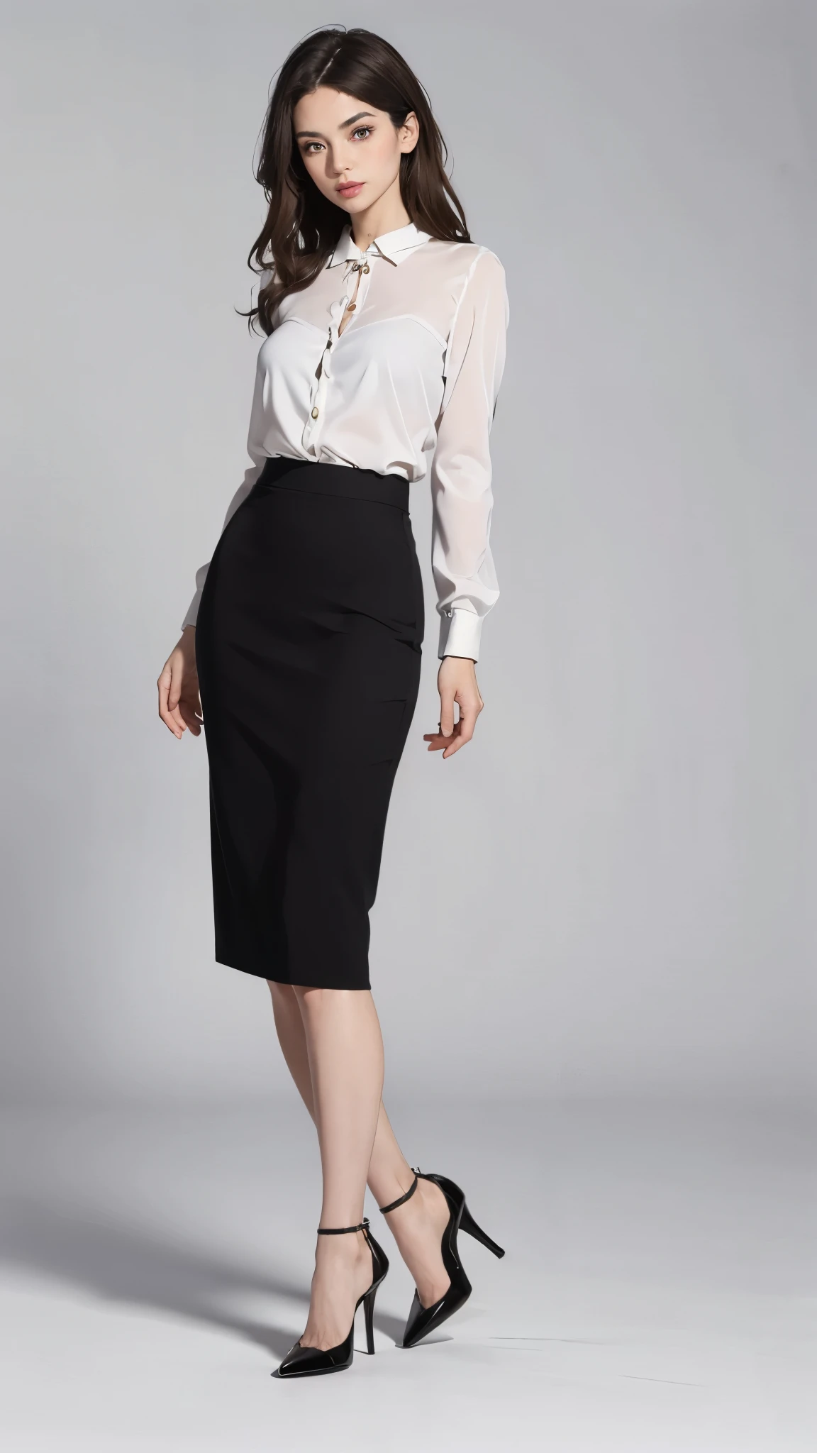 ((best quality,4k,highres,masterpiece:1.2)),((character concept art)), 1 female, 33-year-old university teacher, ((elegant, ethereal beauty)), brunette hair, (fair skin colour), ultra finely detailed eyes (hazel eyes colour), hot, intelligent, educational enthusiast, slim body build, ((intricate detail)), super finely detailed hands, ultra finely detailed fingers(((ten fingers))), wearing outfit:((form-fitting blouse, pencil skirt, heels)), (standing professionally), (full body showcase), (show full body), (no logos on background), (no logo), ((plain background)), ((plain background)), (((empty background)))
