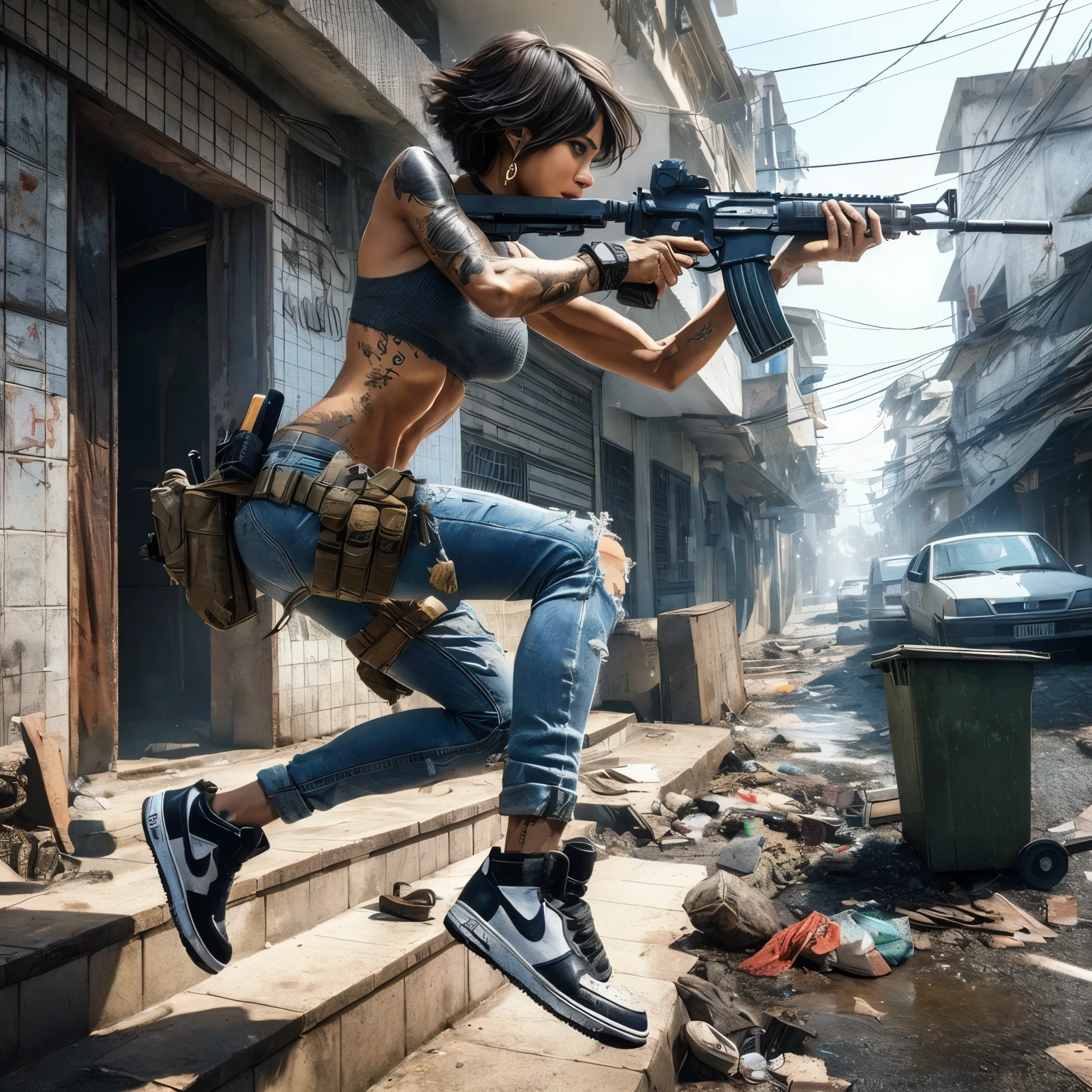 Masterpiece, a beautiful Spanish 24 years old woman caught in an urban warfare firefight, a favella in Brazil. The street is full of debris and garbage, she is firing with an automatic rifle. short-cut dark brown hair, tan skin. dynamic pose, half-body shot, a beautiful woman with a gun jumping up in the air, stylized urban fantasy artwork, urban concept art, 3 d render character art 8 k, beautiful digital artwork, cyberpunk judy alvarez, photorrealistic concept art, apocalyptic 8k, apocalyptic 8 k, badass anime 8 k, ( apocalyptic ) 8 k, ultra realistic concept art, highly realistic concept art, 16K, ultra high res.photorealistic, UHD, RAW
