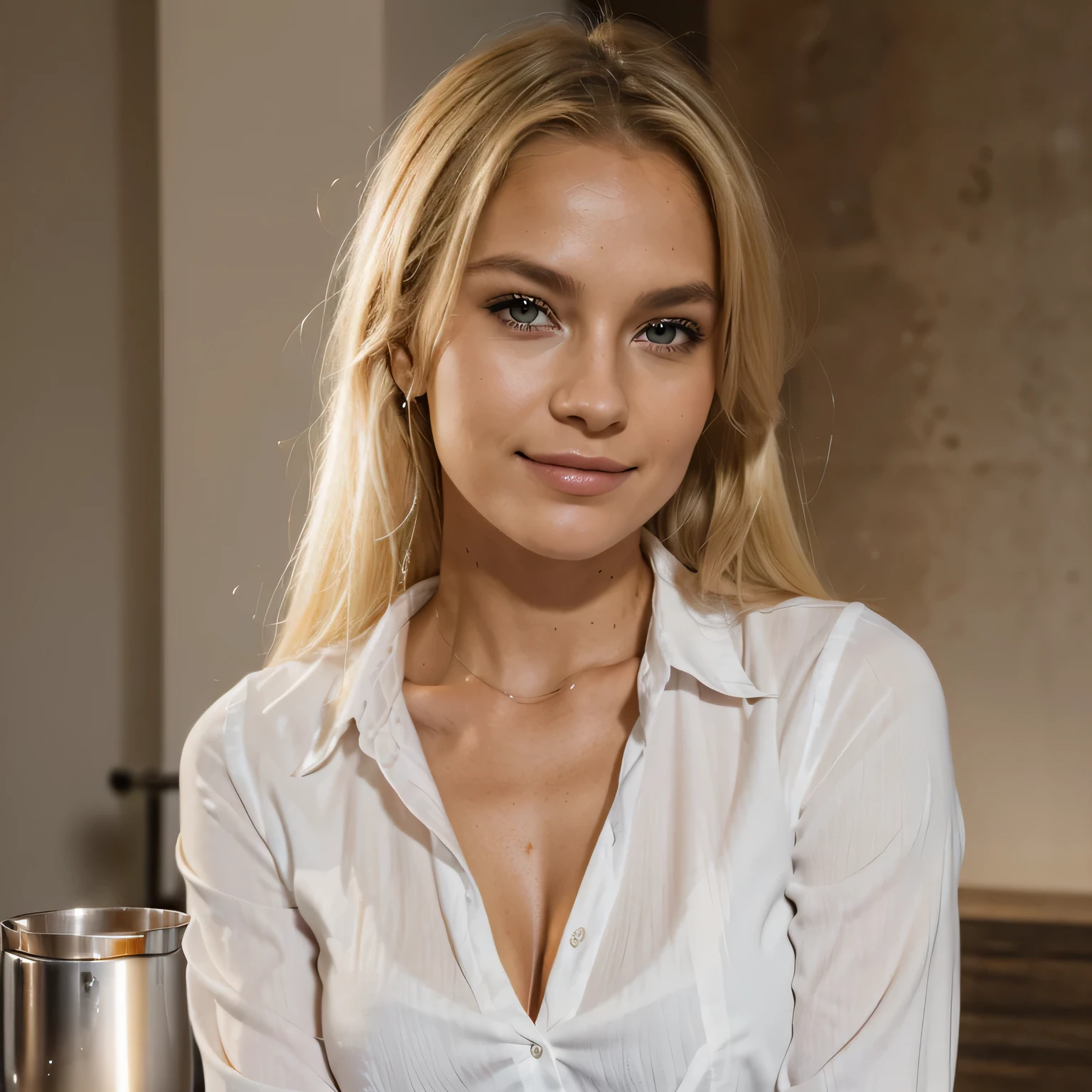 (((blond))), Beautiful woman, ((25 Jahre alt)), ((tanned)), Allein, Full body, Ohrringe, Wimpern, Strumpfhose, Menge,(White shirt), Blumenmuster, (rote Lippen), Sexy moody smile, (shiny skin:1.05),(blush:0.9),(Zahnung der Haut:1.15),realistisch, Meisterwerk, highest quality, (perfektes Gesicht:1.1), (Scharfer Fokus:1.1), kompliziert, Hohe Detailgenauigkeit, Scharfer Fokus, dramatisch,