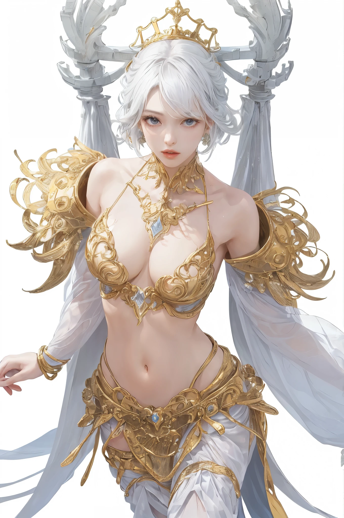 Best AI Image Generation Creator、1 beautiful girl、full body, large round eyes、Solo、Realistic,Lips,masutepiece,Best Quality,Good anatomy，Skin Texture、White background、Smaller chest、beautiful fantasy queen、high neck silver dress、Golden decoration、white  hair、Longhaire、look up to、optic、kirakira、White tones