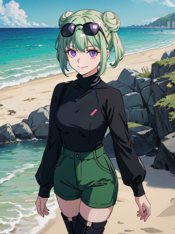 (ultra detailed), (best quality),1 girl, alone, medium hair, pastel green hair, twin buns, villain smile, violet eyes, round black sunglasses on head, beach, black turtleneck, green shorts, boots