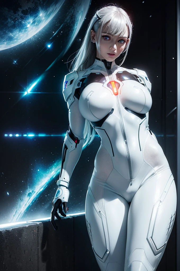 cyborg realistic and intricate perfect beauty face, detailed sharp galaxy glowing eyes, detailed face, (((from face to the waist))), (((thin beauty shape))), ((in realistic neon-lit sci-fi white plugsuit metal mech parts)), masterpiece, 4k, UHD